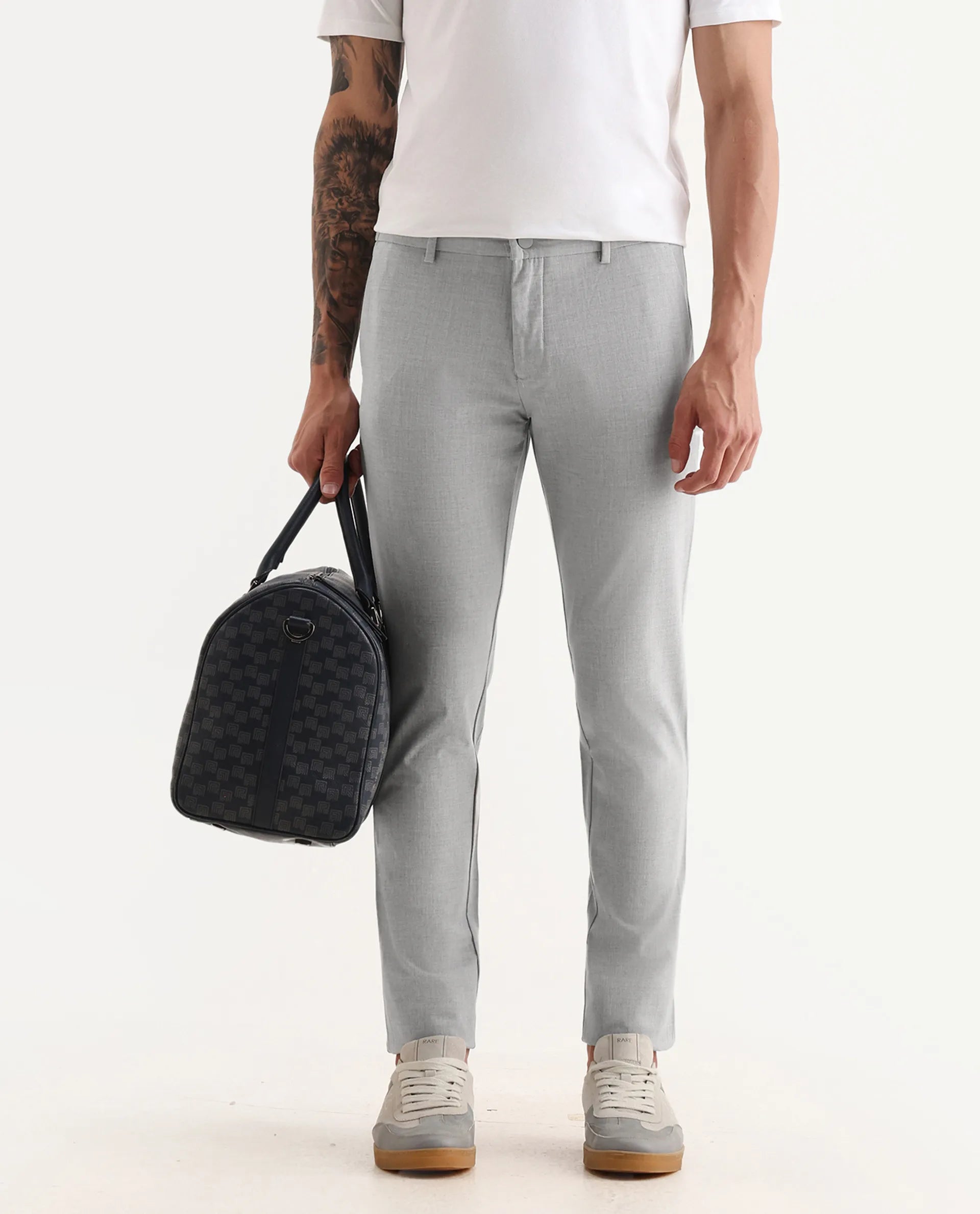 Rare Rabbit Men's Travellers Light Grey Solid Mid-Rise Regular Fit Trouser