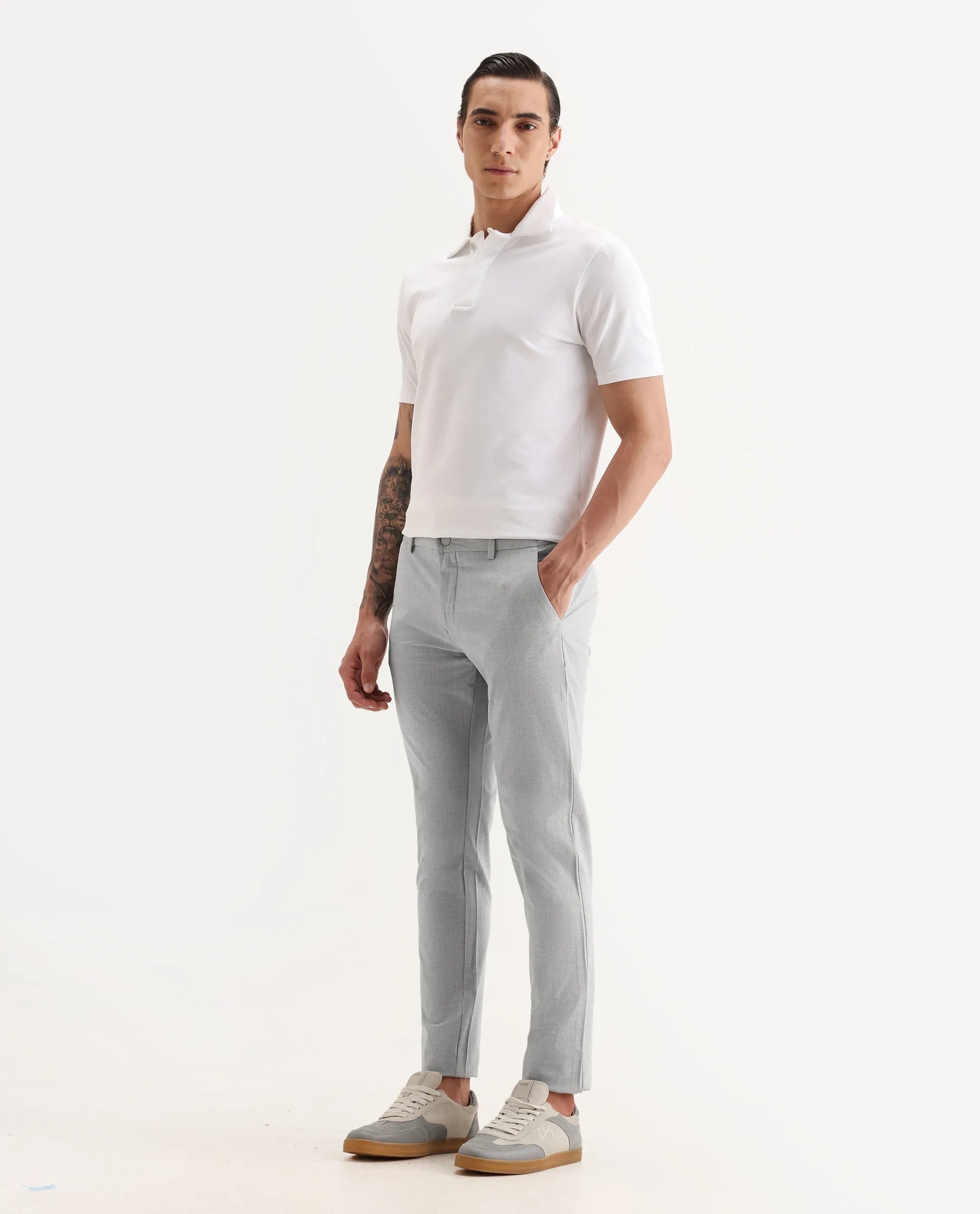 Rare Rabbit Men's Travellers Light Grey Solid Mid-Rise Regular Fit Trouser