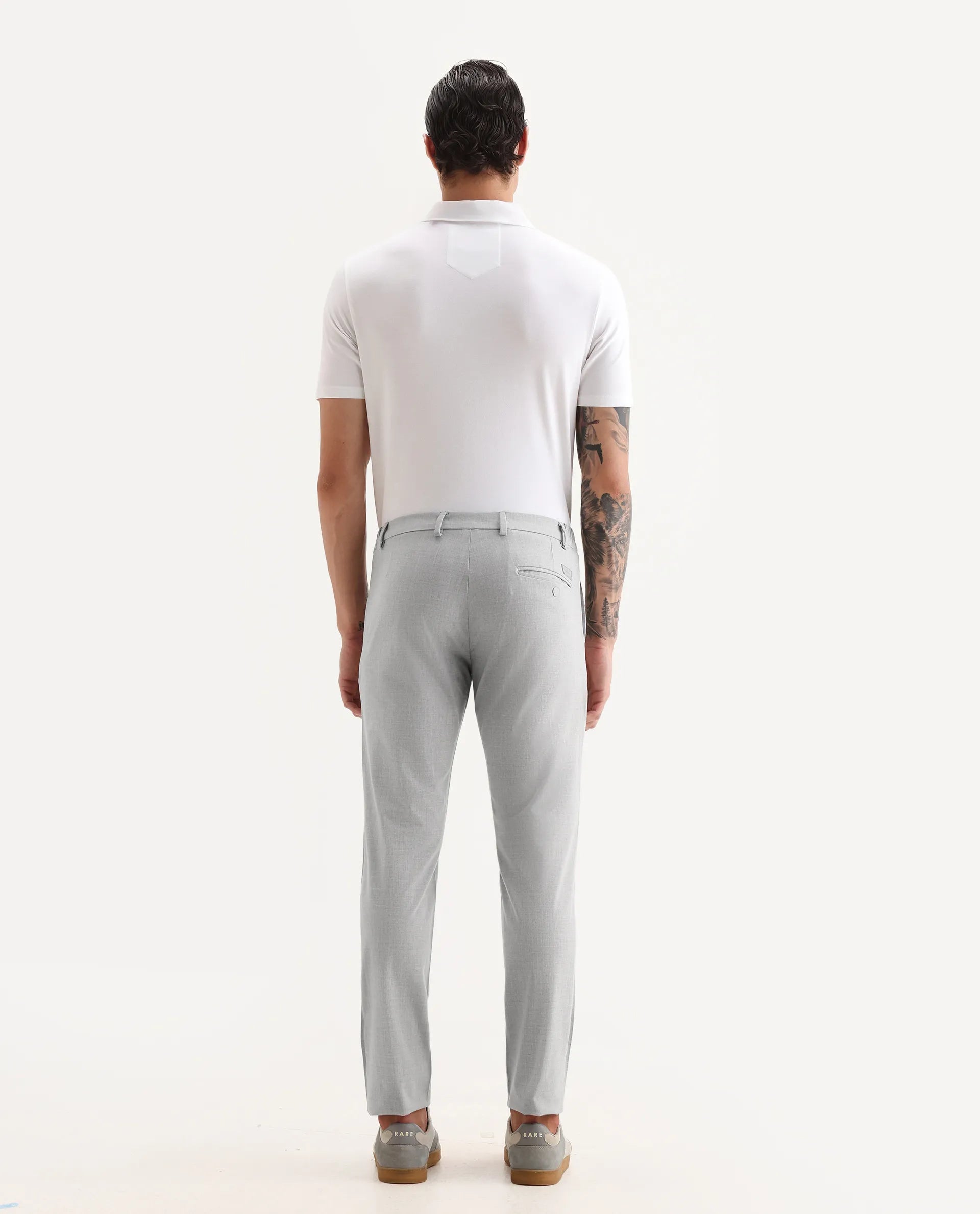 Rare Rabbit Men's Travellers Light Grey Solid Mid-Rise Regular Fit Trouser