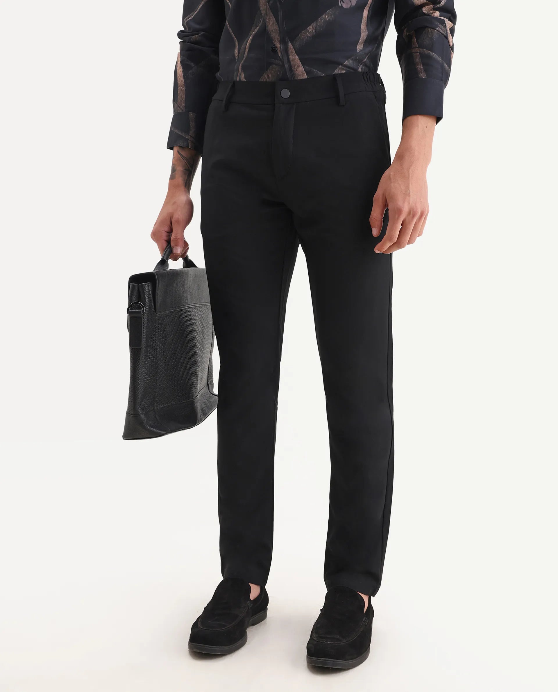 Rare Rabbit Men's Traveller Black Solid Mid-Rise Regular Fit Trouser