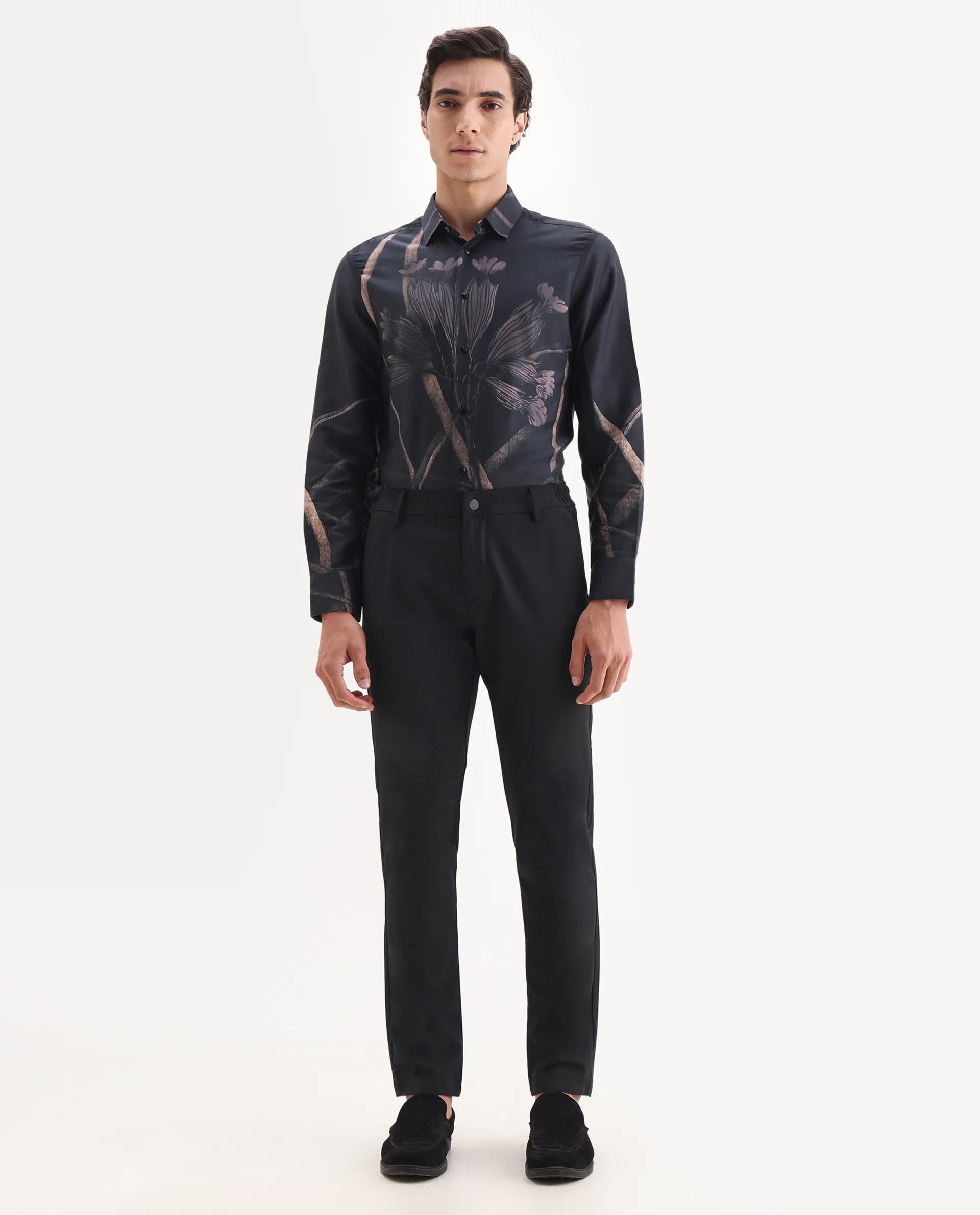 Rare Rabbit Men's Traveller Black Solid Mid-Rise Regular Fit Trouser