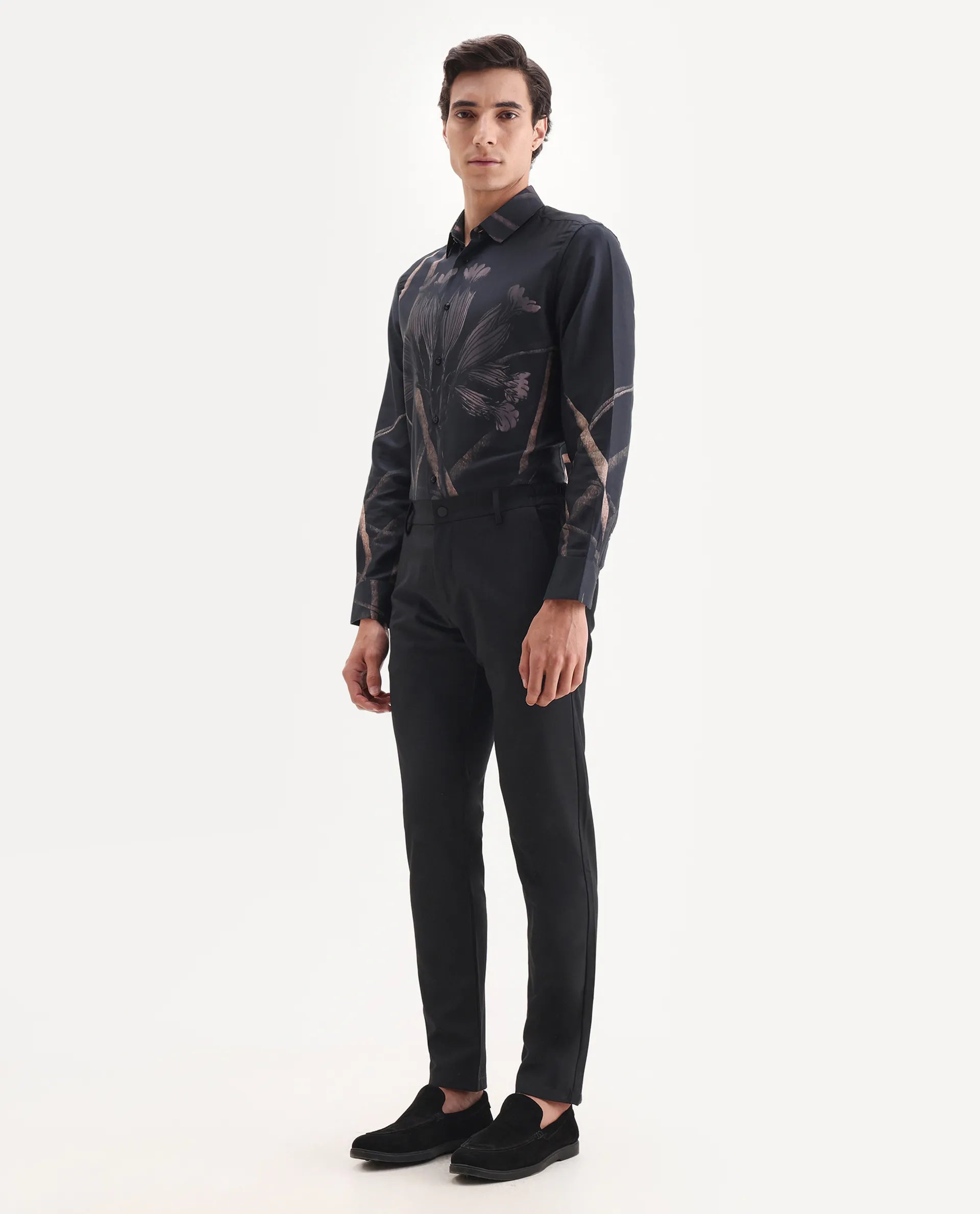 Rare Rabbit Men's Traveller Black Solid Mid-Rise Regular Fit Trouser