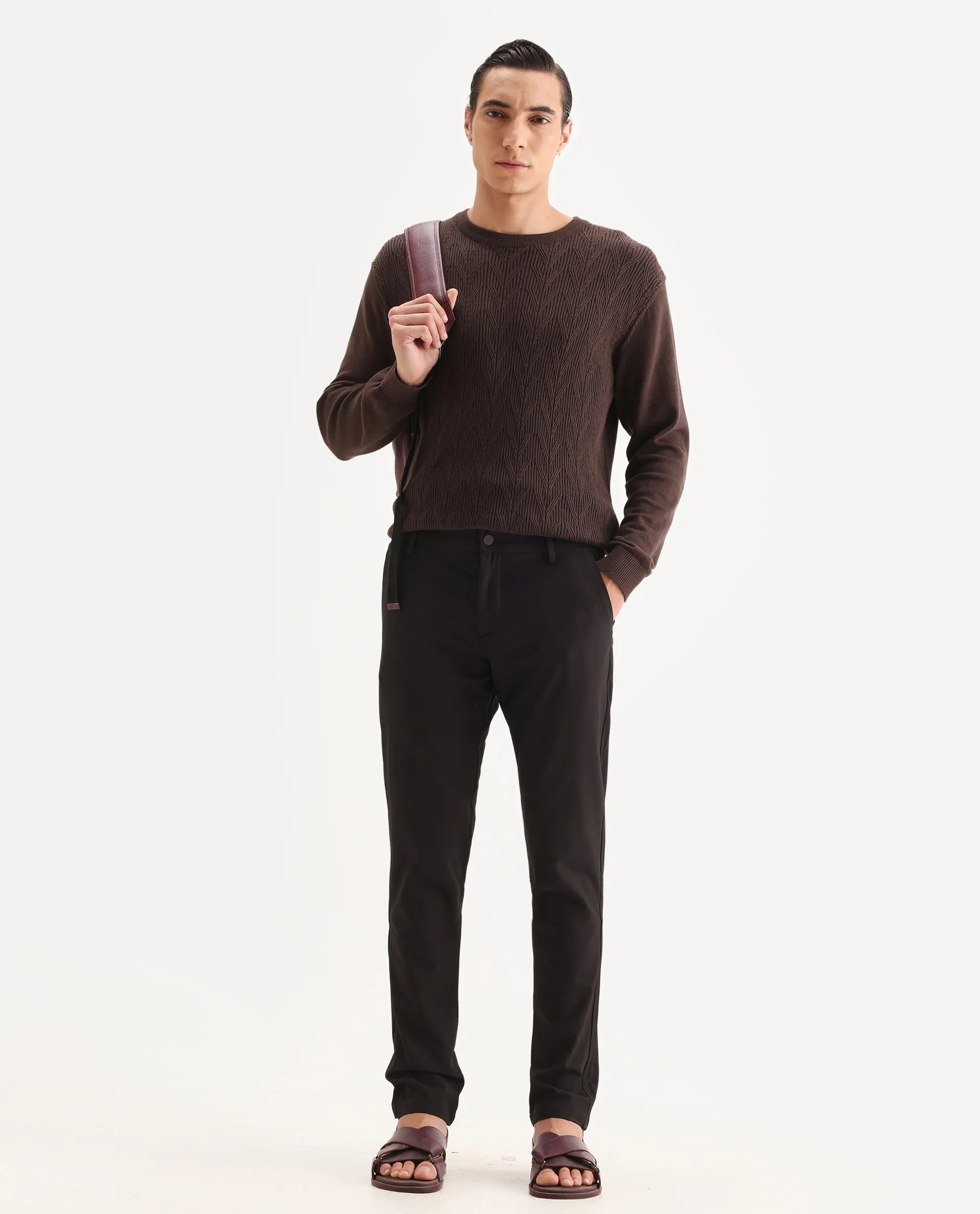 Rare Rabbit Men's Traveller Maroon Solid Mid-Rise Regular Fit Trouser