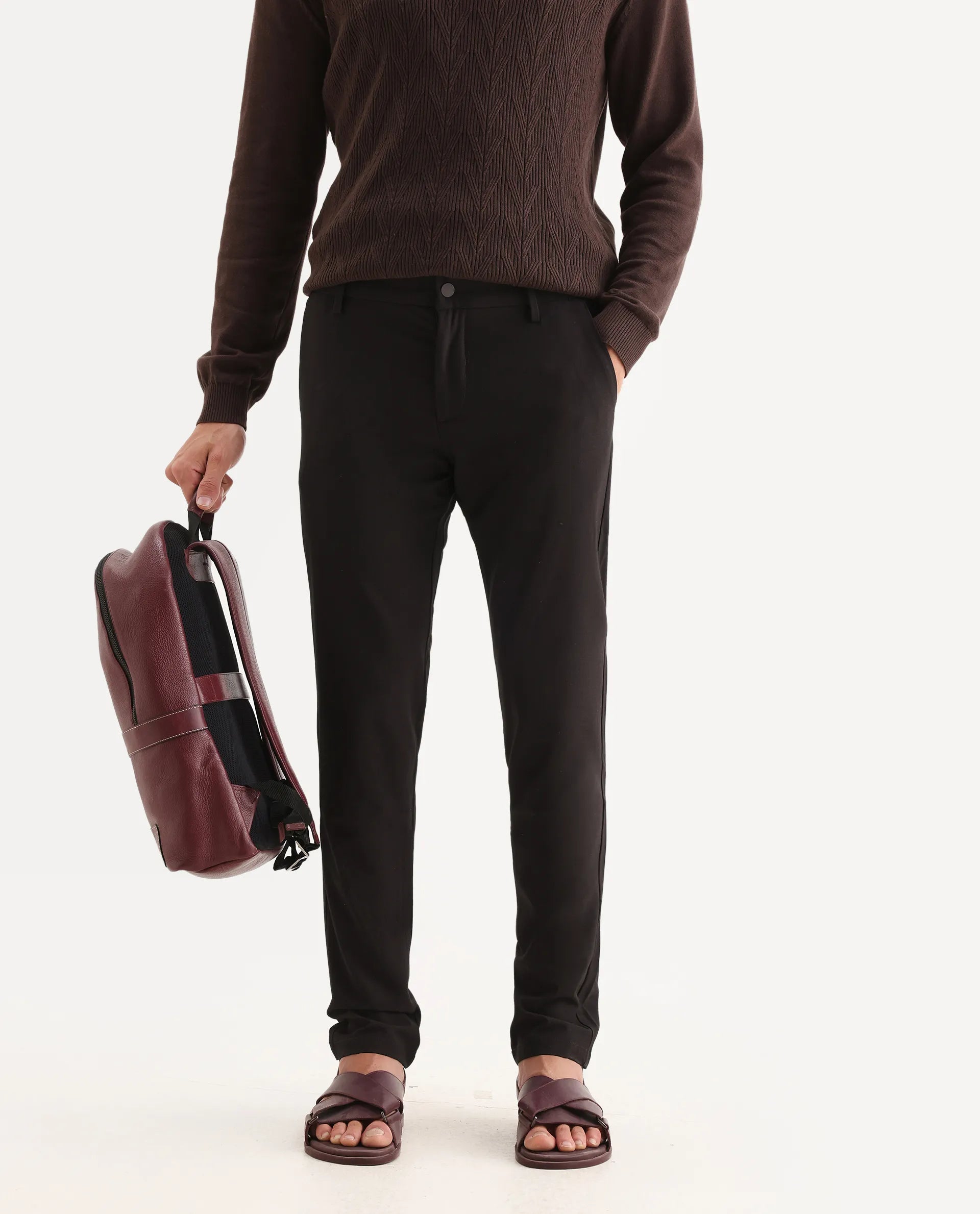 Rare Rabbit Men's Traveller Maroon Solid Mid-Rise Regular Fit Trouser