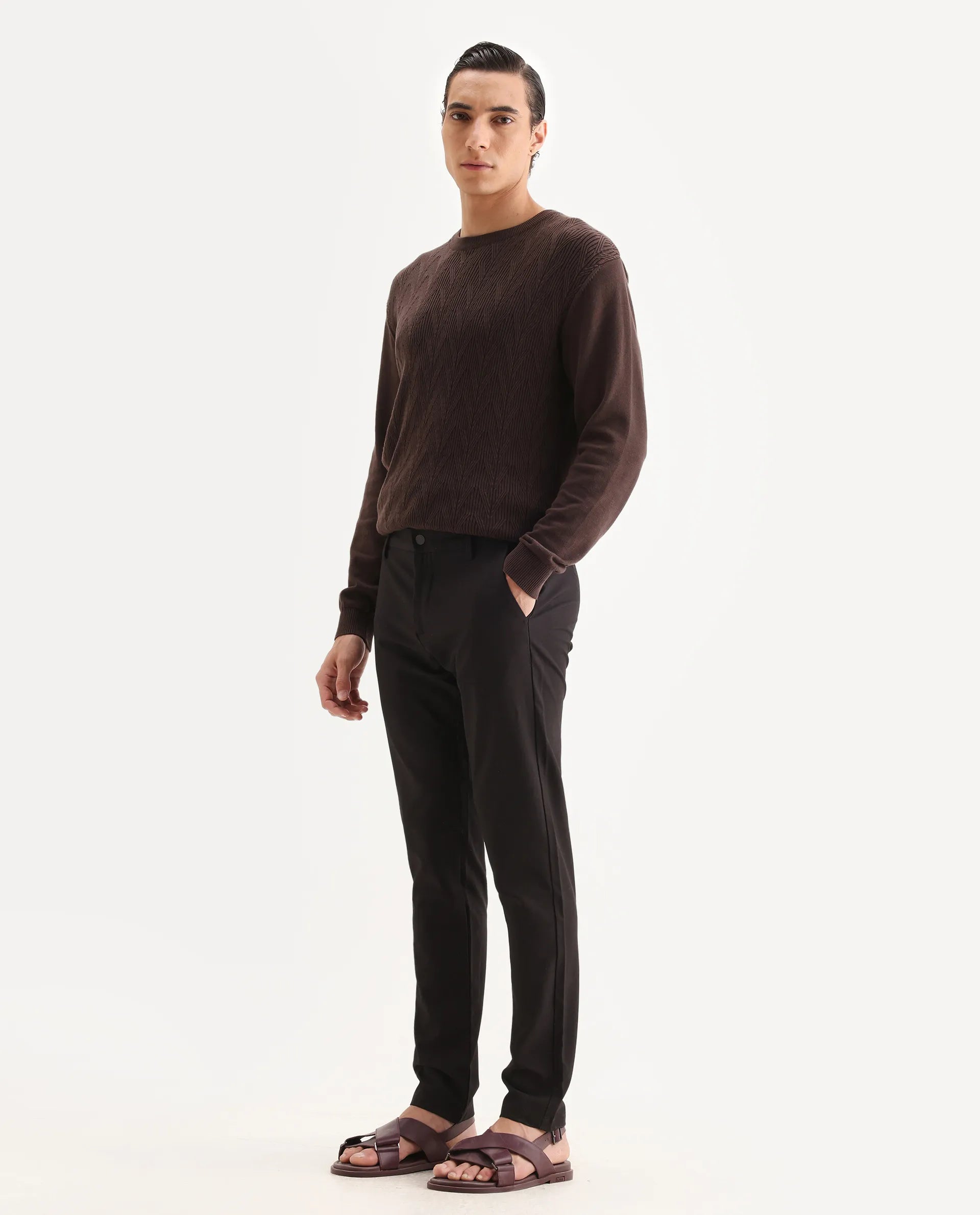 Rare Rabbit Men's Traveller Maroon Solid Mid-Rise Regular Fit Trouser