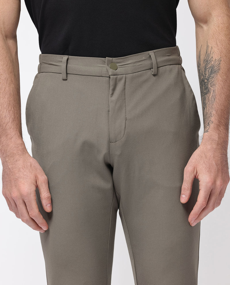 Rare Rabbit Men's Travel-24 Dark Beige Poly Viscose Lycra Fabric Blend Solid Trousers