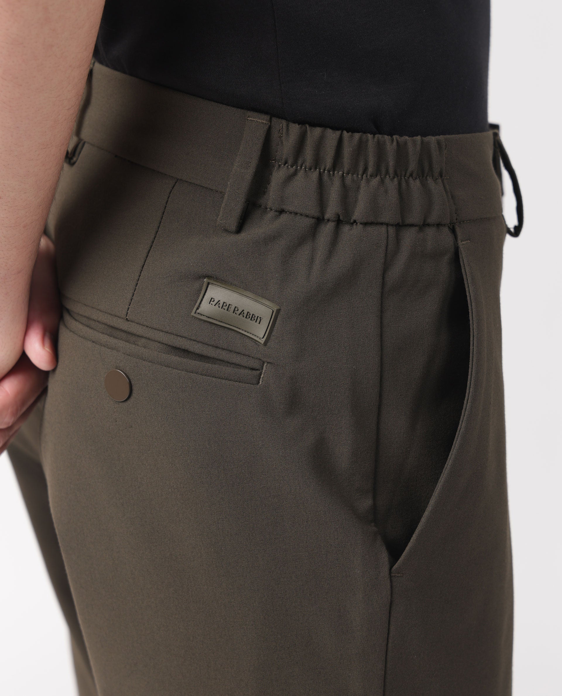 Rare Rabbit Men's Travellers Dark Olive Solid Mid-Rise Regular Fit Trouser