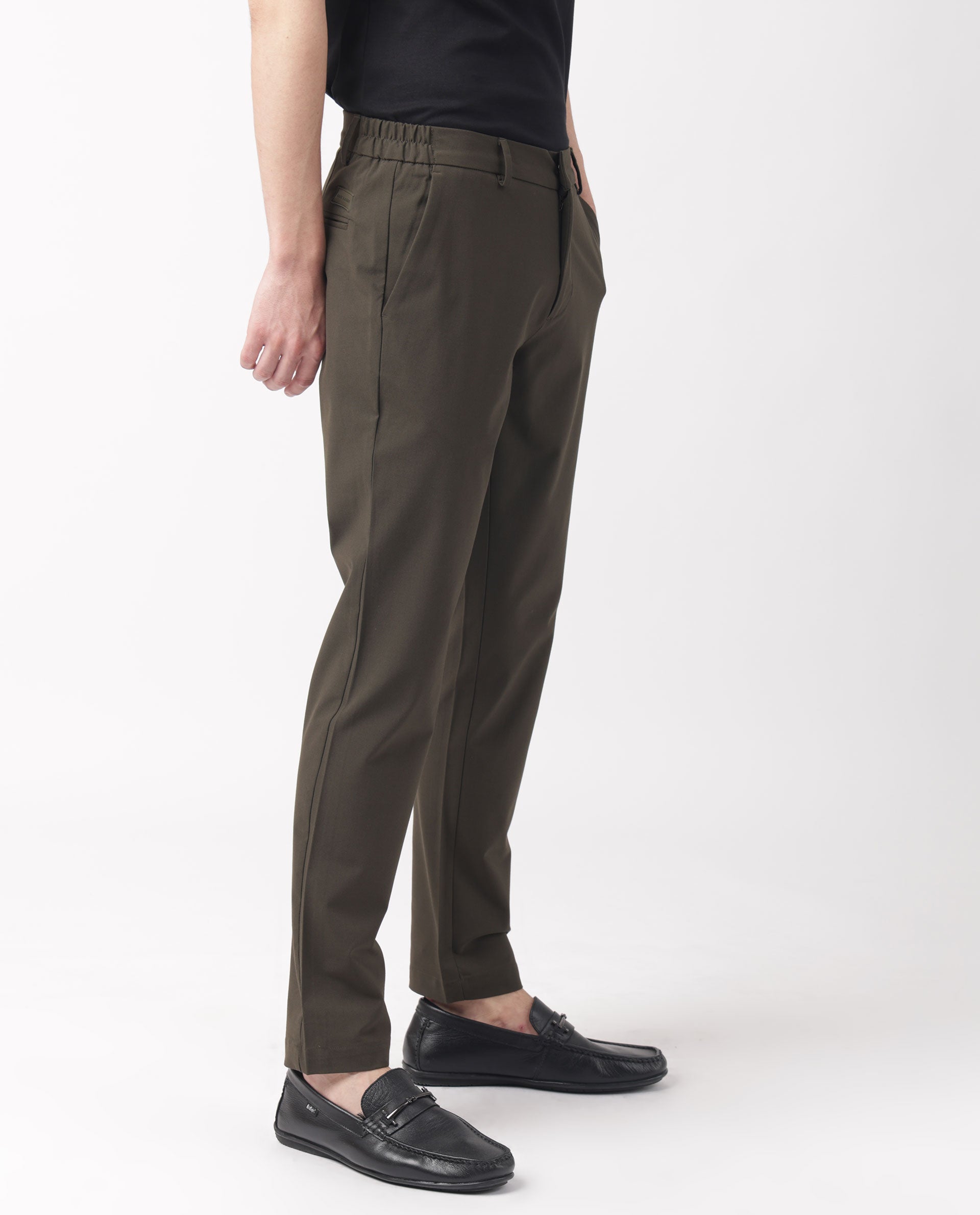Rare Rabbit Men's Travellers Dark Olive Solid Mid-Rise Regular Fit Trouser