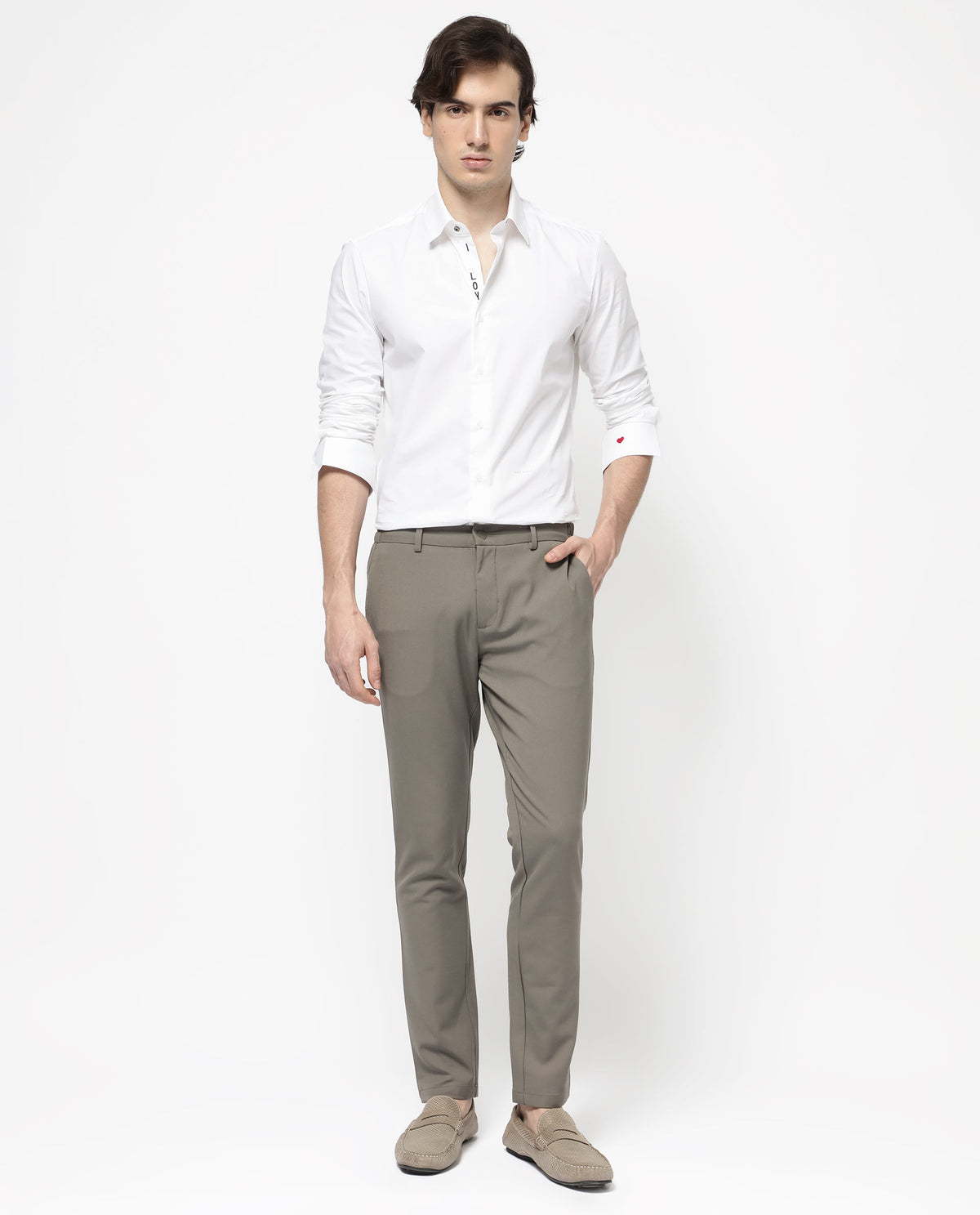 Rare Rabbit Men's Travellers Dark Beige Solid Mid-Rise Regular Fit Trouser
