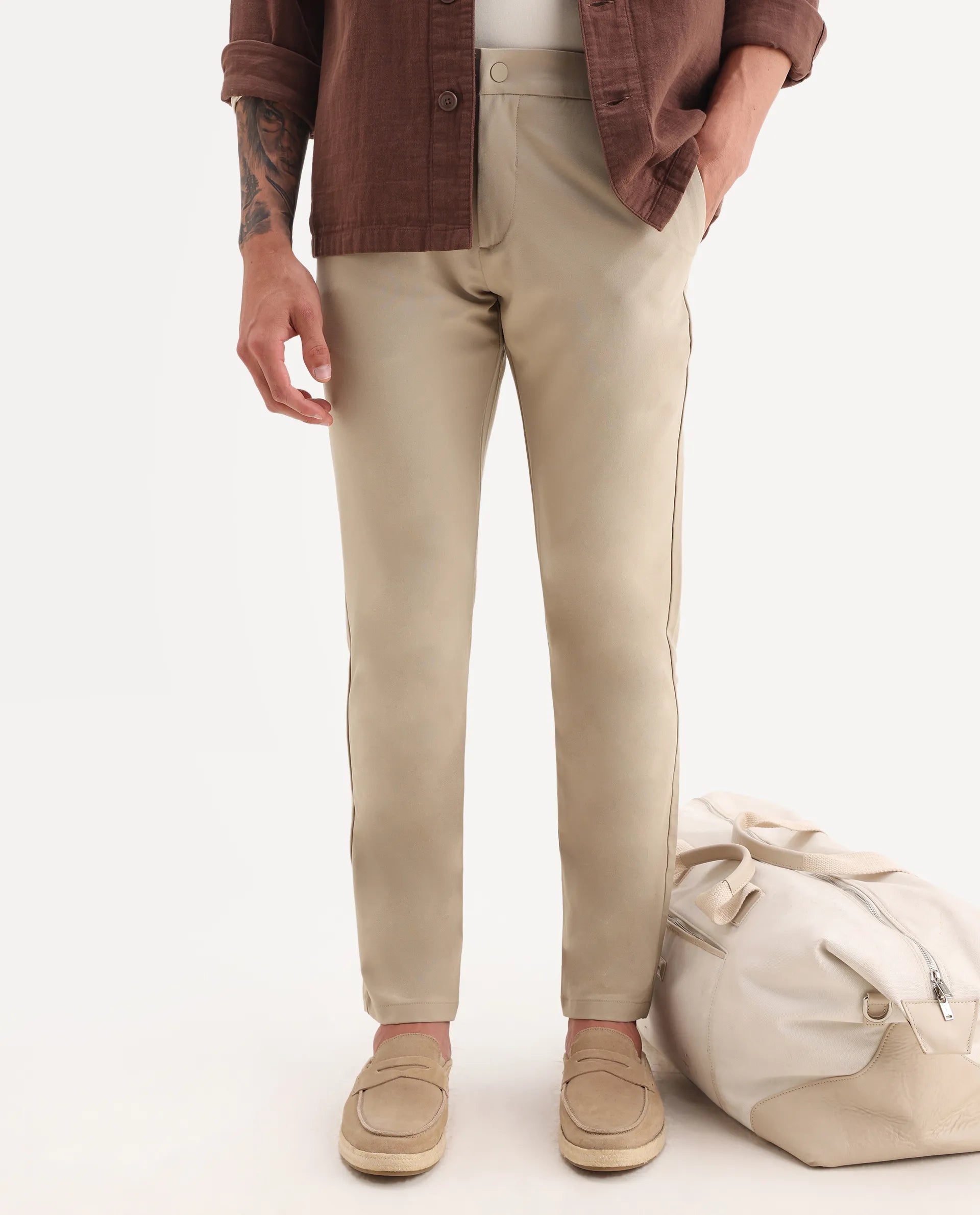 Rare Rabbit Men's Traveller Beige Solid Mid-Rise Regular Fit Trouser