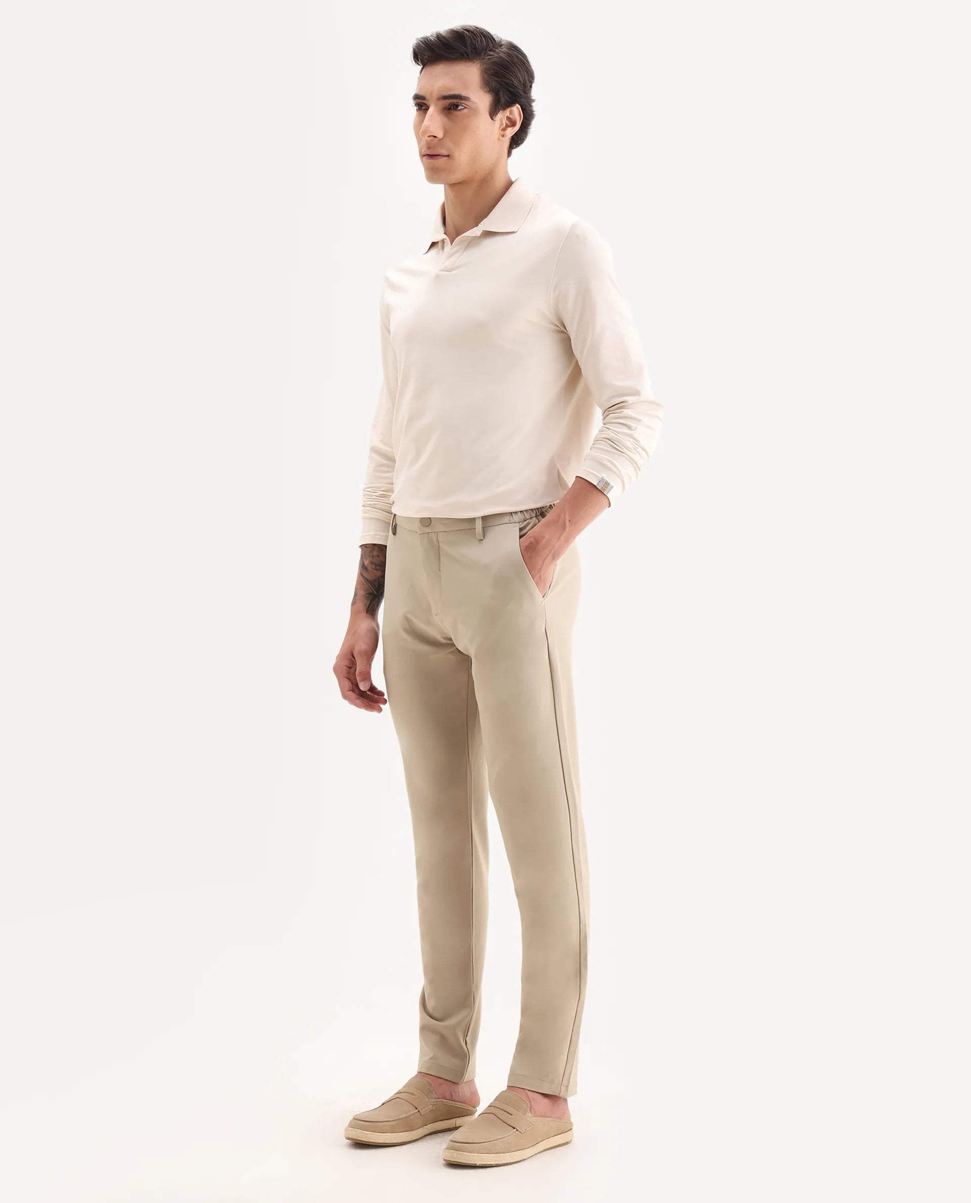 Rare Rabbit Men's Traveller Beige Solid Mid-Rise Regular Fit Trouser