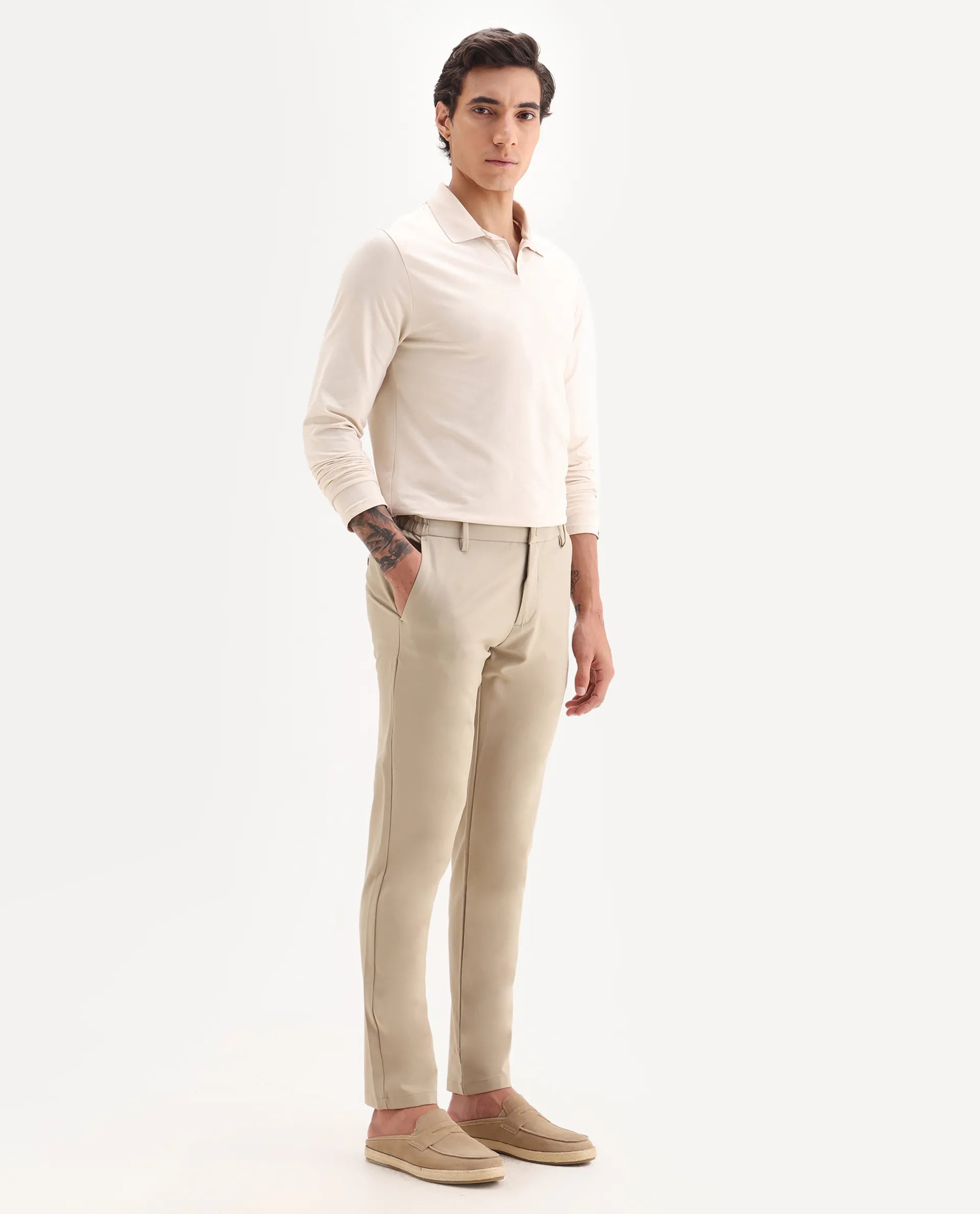 Rare Rabbit Men's Traveller Beige Solid Mid-Rise Regular Fit Trouser