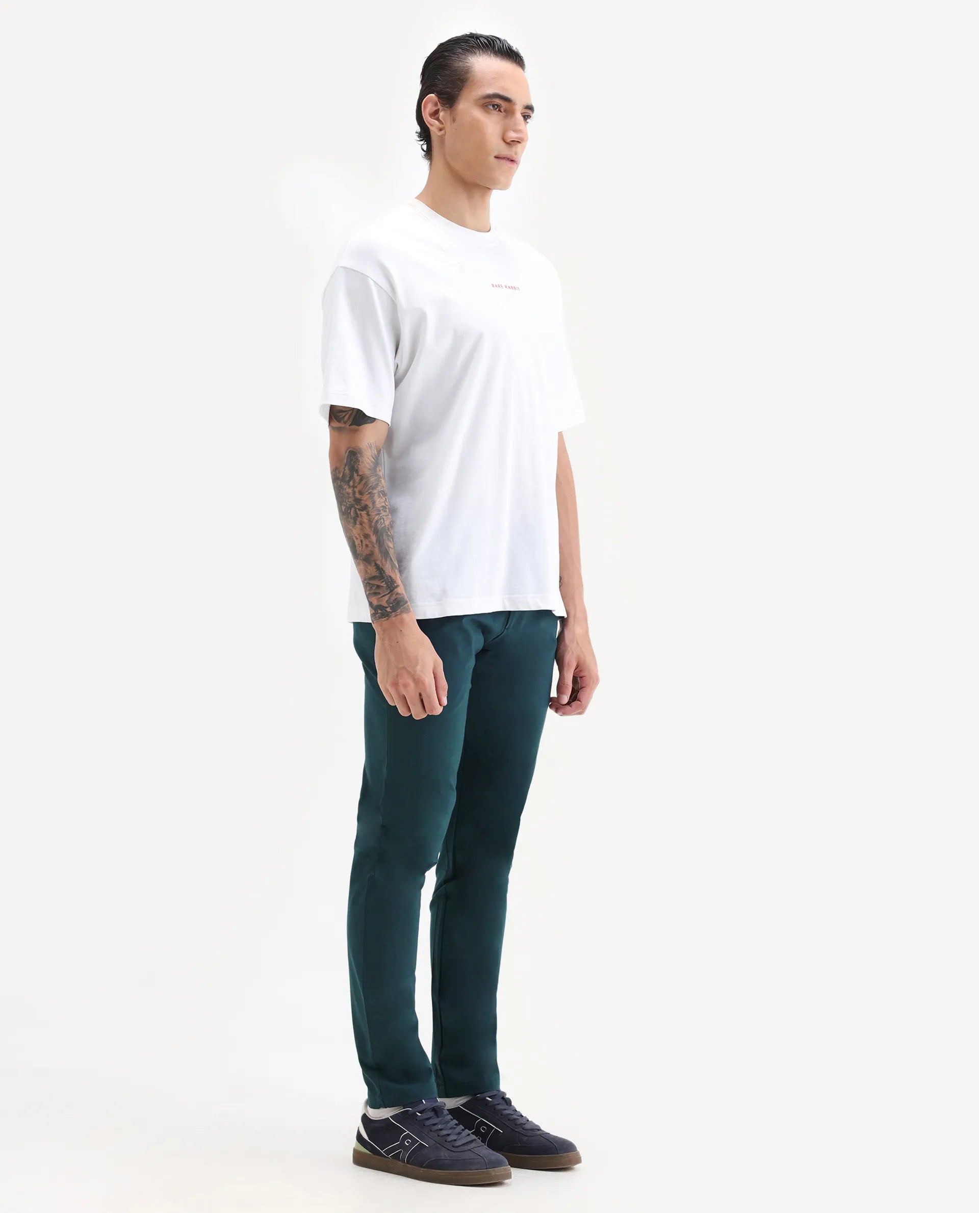 Rare Rabbit Men's Travellers Dark Petrol Solid Mid-Rise Regular Fit Trouser