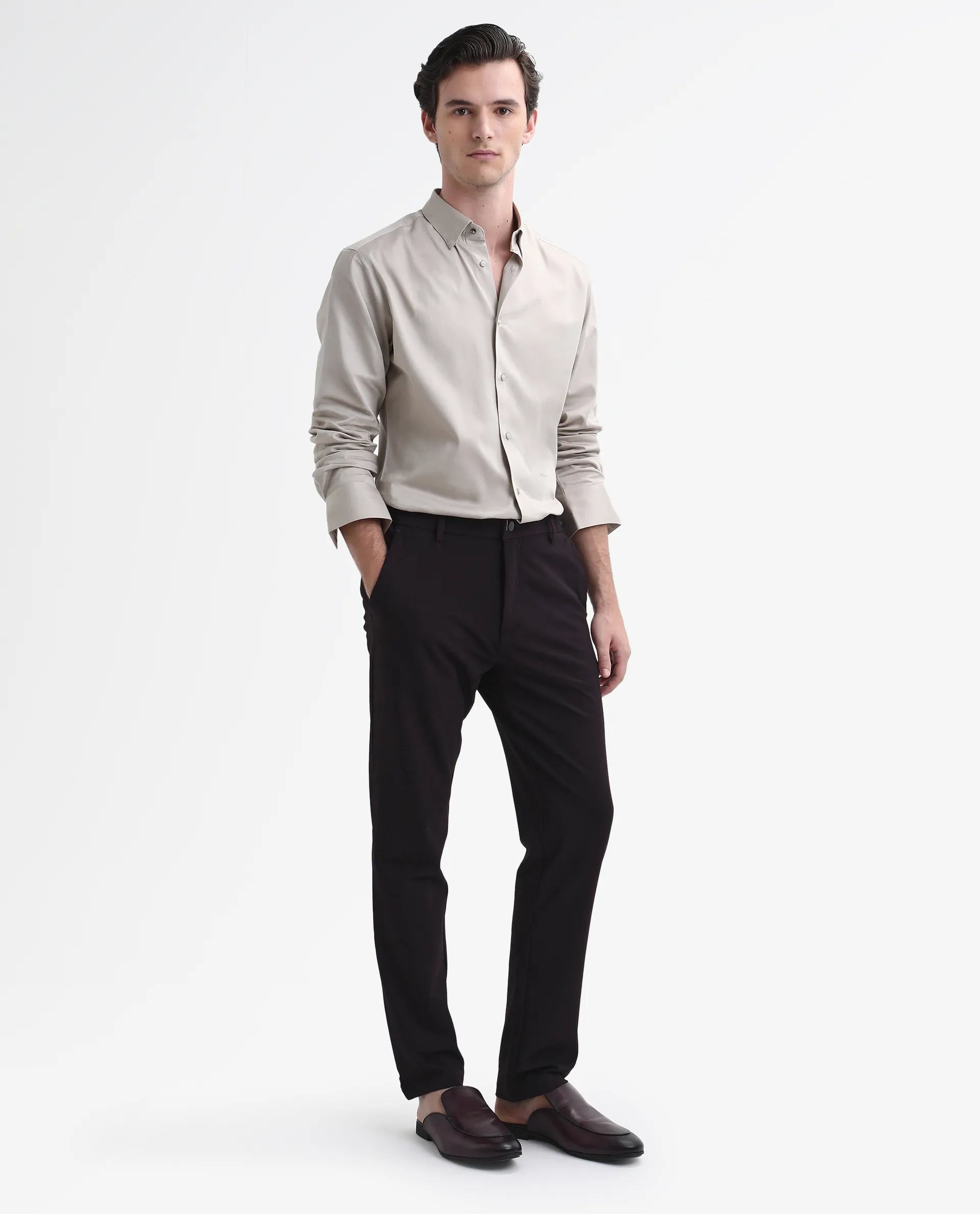 Rare Rabbit Men's Travel-Stk Maroon Polyester Blend Plain Regular Fit Trouser