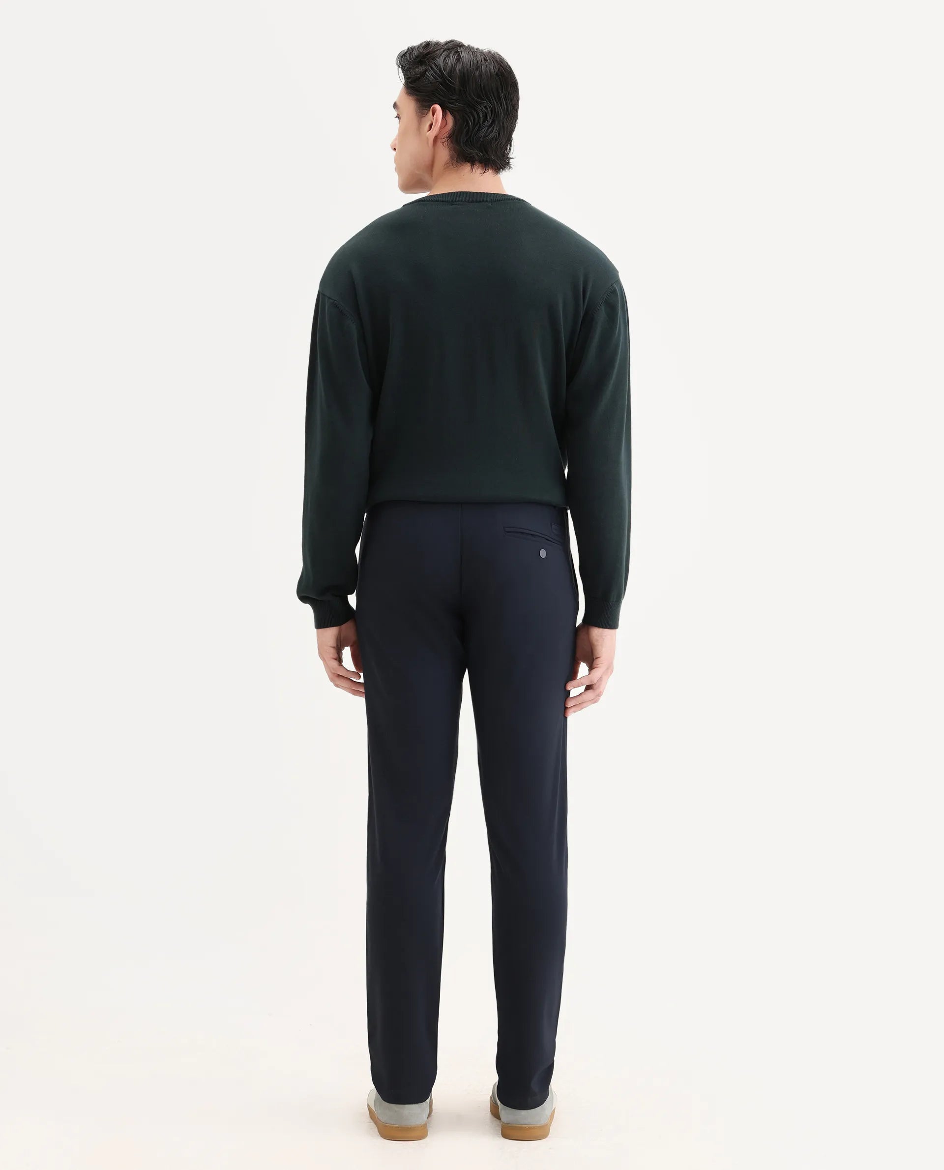 Rare Rabbit Men's Traverse Navy Solid Mid-Rise Regular Fit Stretch Trouser