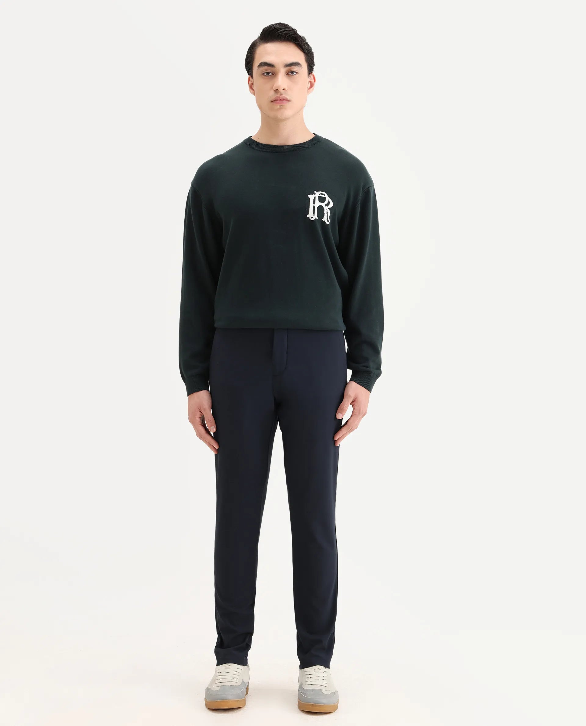 Rare Rabbit Men's Traverse Navy Solid Mid-Rise Regular Fit Stretch Trouser