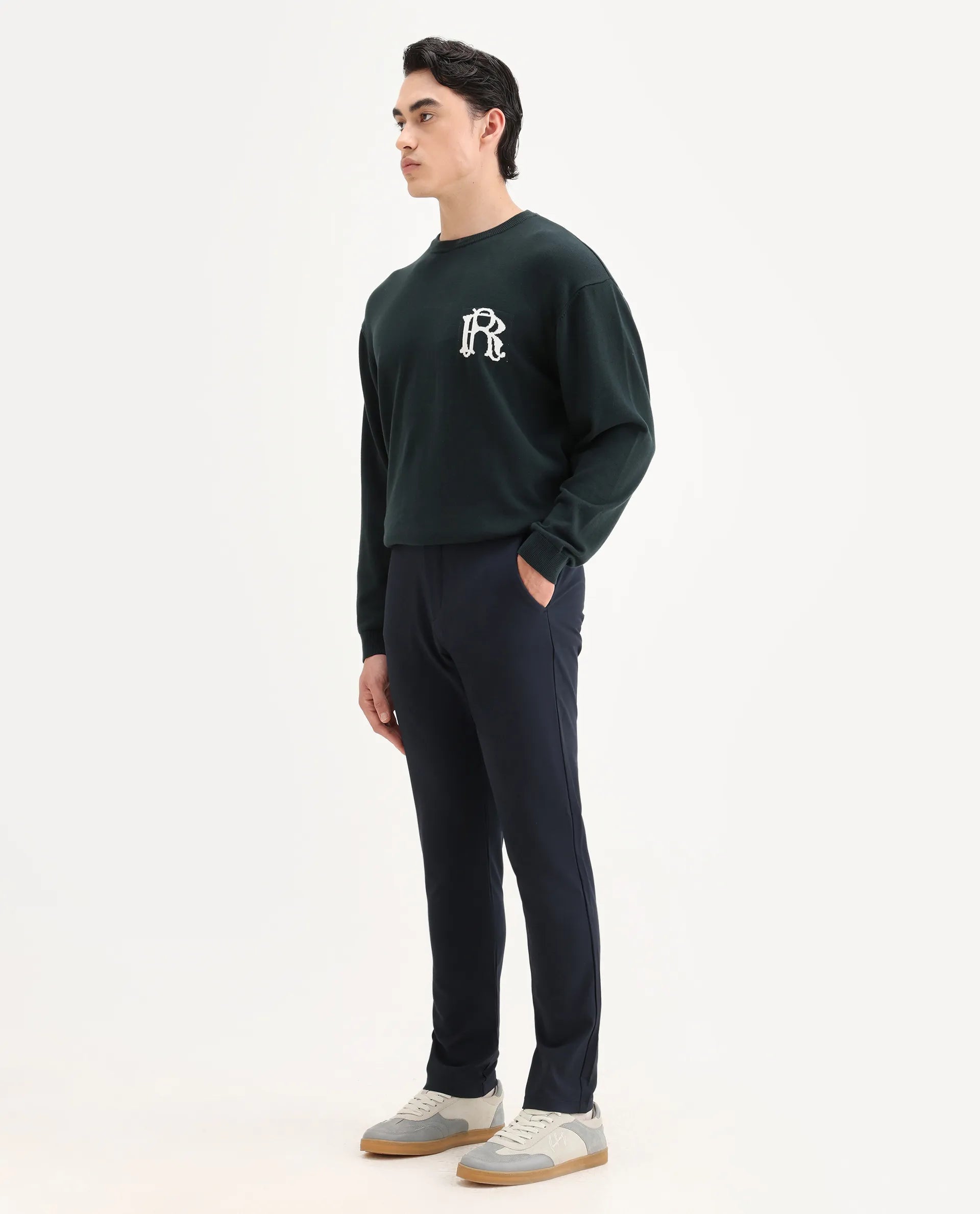 Rare Rabbit Men's Traverse Navy Solid Mid-Rise Regular Fit Stretch Trouser