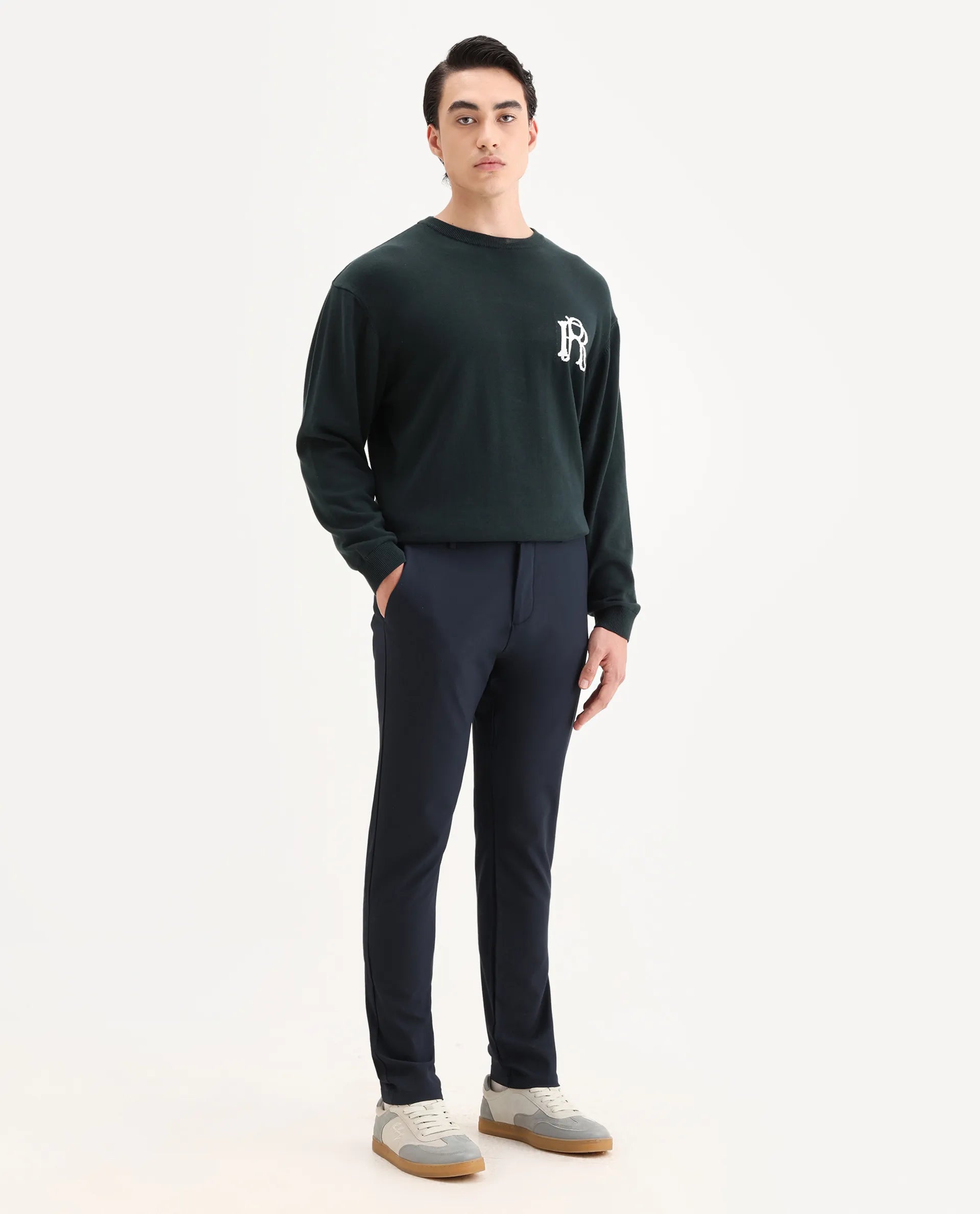 Rare Rabbit Men's Traverse Navy Solid Mid-Rise Regular Fit Stretch Trouser