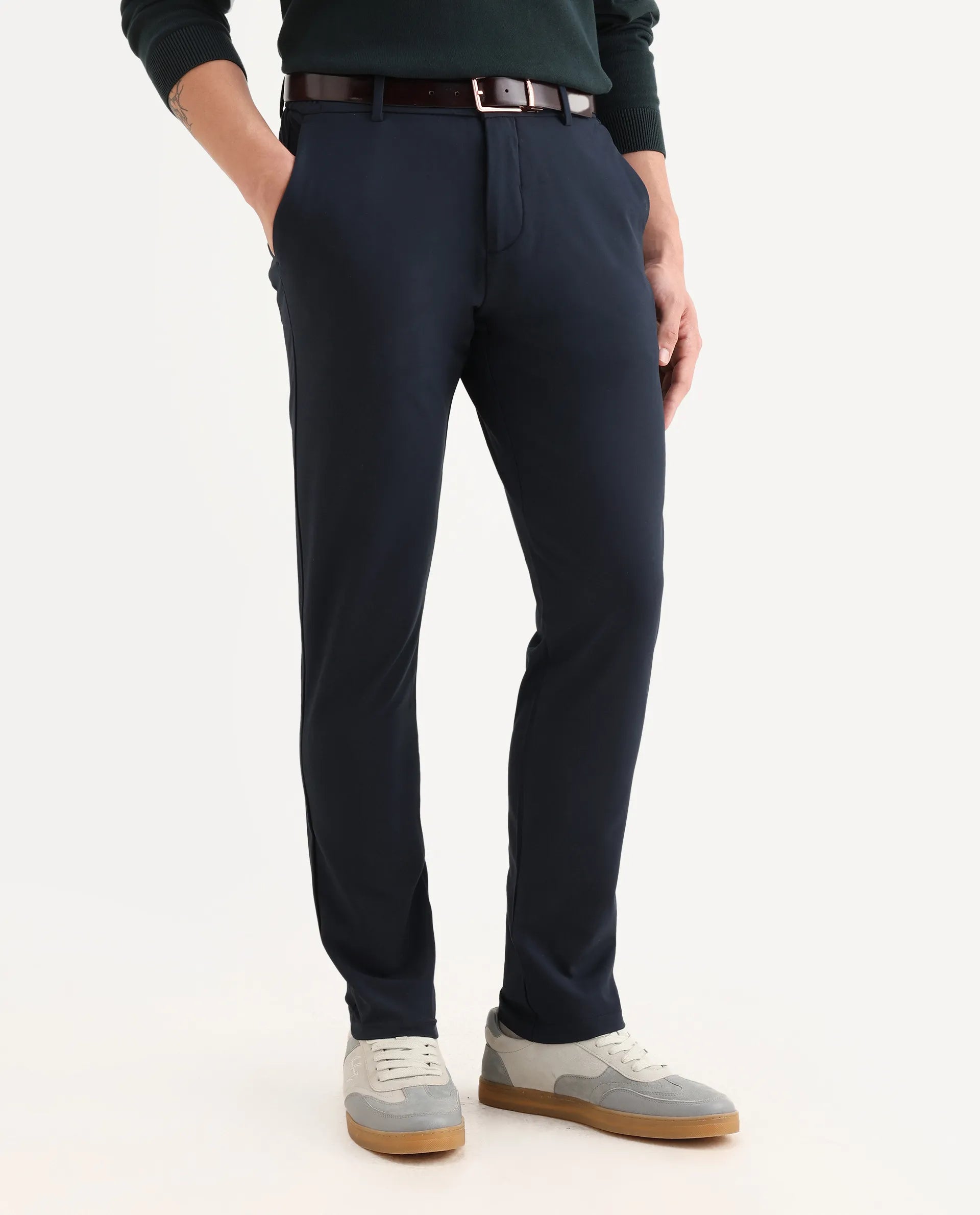 Rare Rabbit Men's Traverse Navy Solid Mid-Rise Regular Fit Stretch Trouser