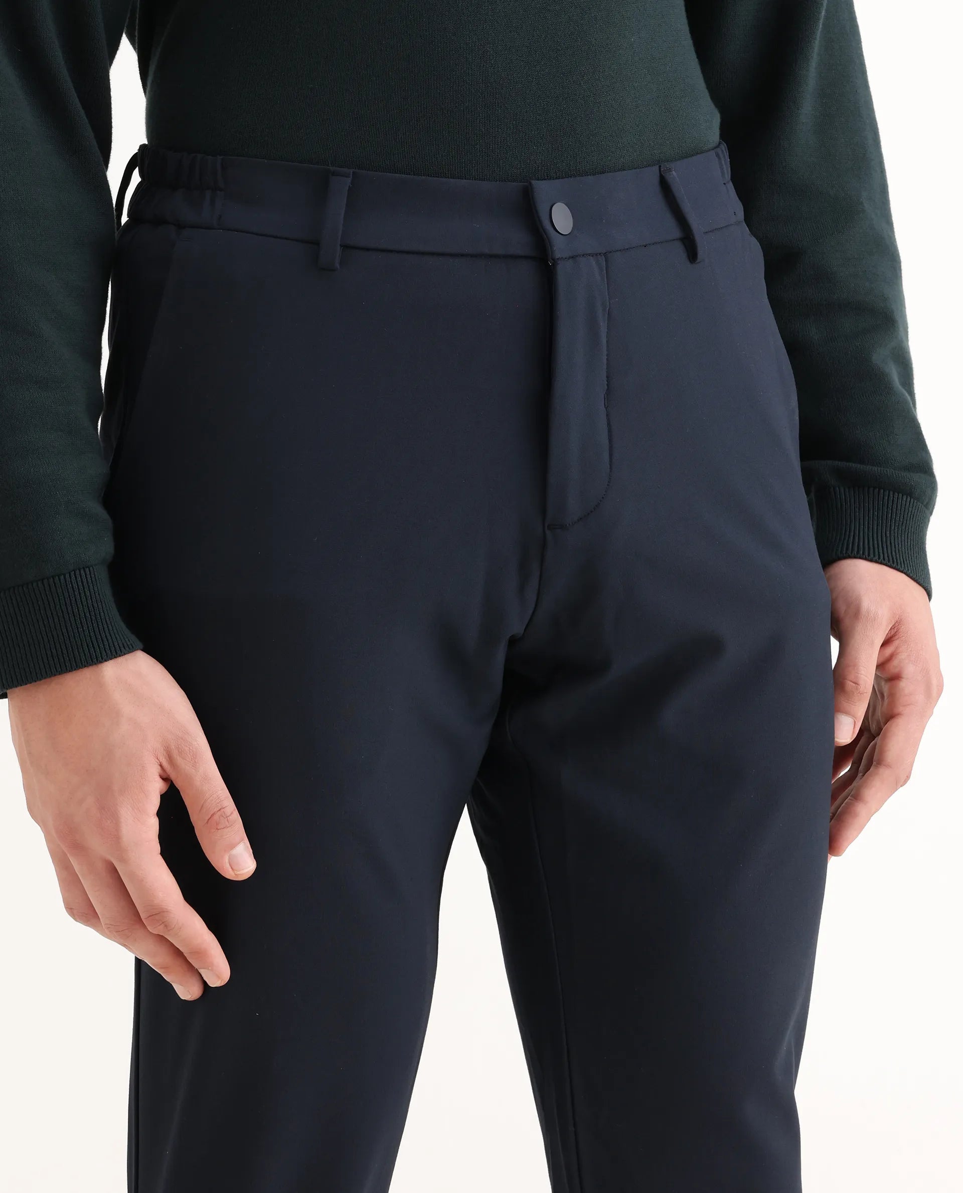 Rare Rabbit Men's Traverse Navy Solid Mid-Rise Regular Fit Stretch Trouser