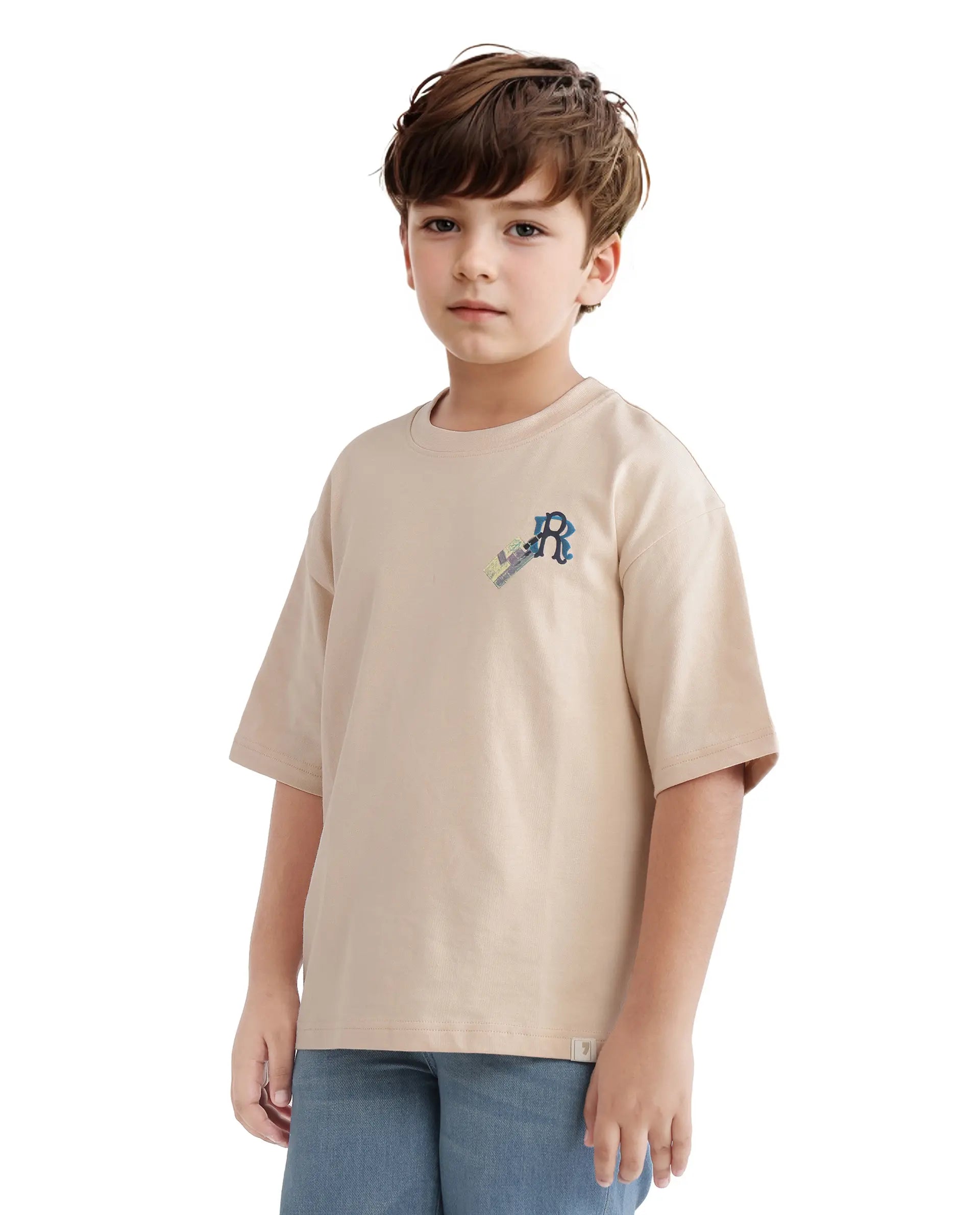 Rare Ones Kids Traw Beige Cotton Half Sleeve Crew Neck T-Shirt