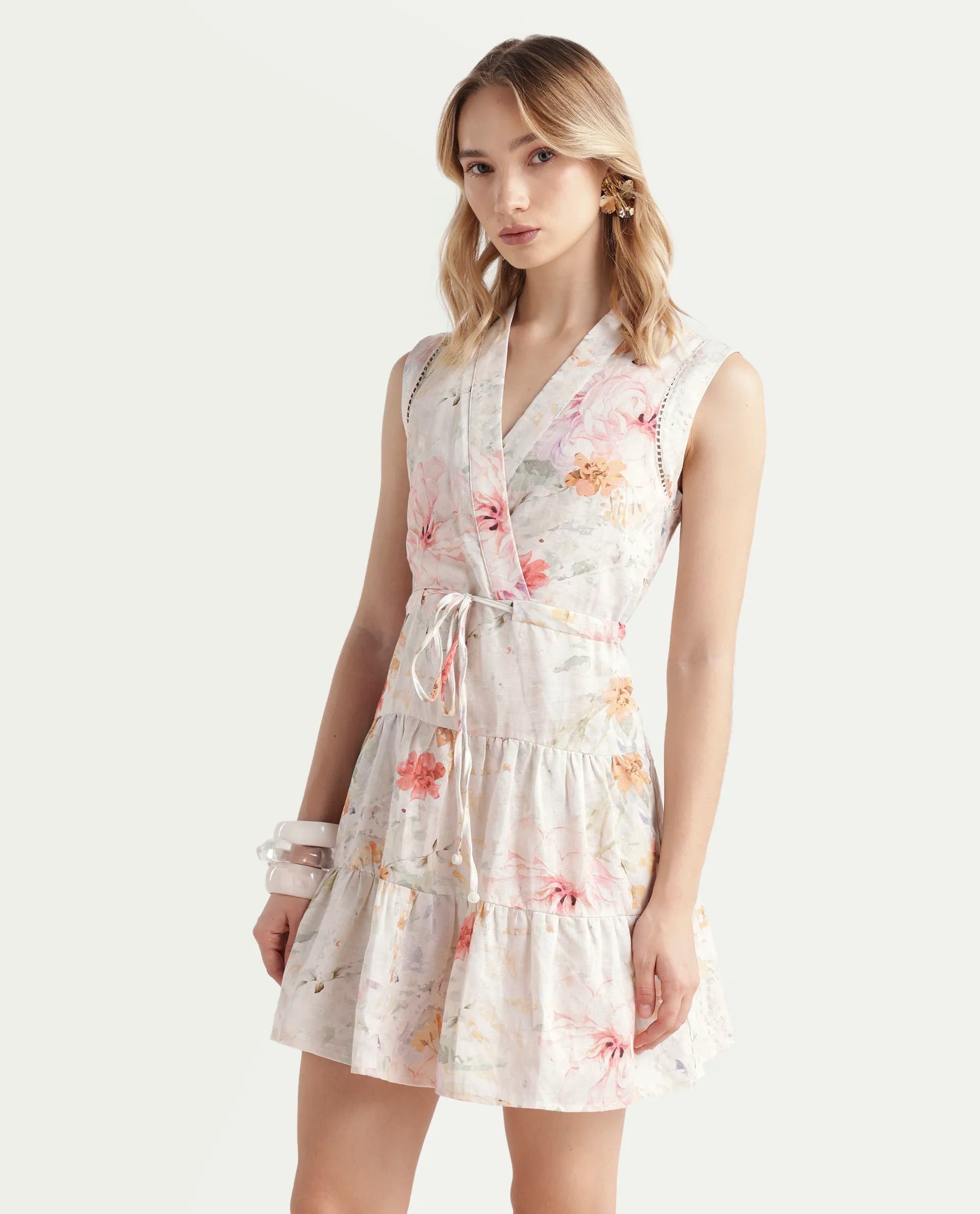 Rareism Women's Trazo Multi Cotton Blend Overlap Neck Floral Print Sleeveless Mini Fit And Flare Dress