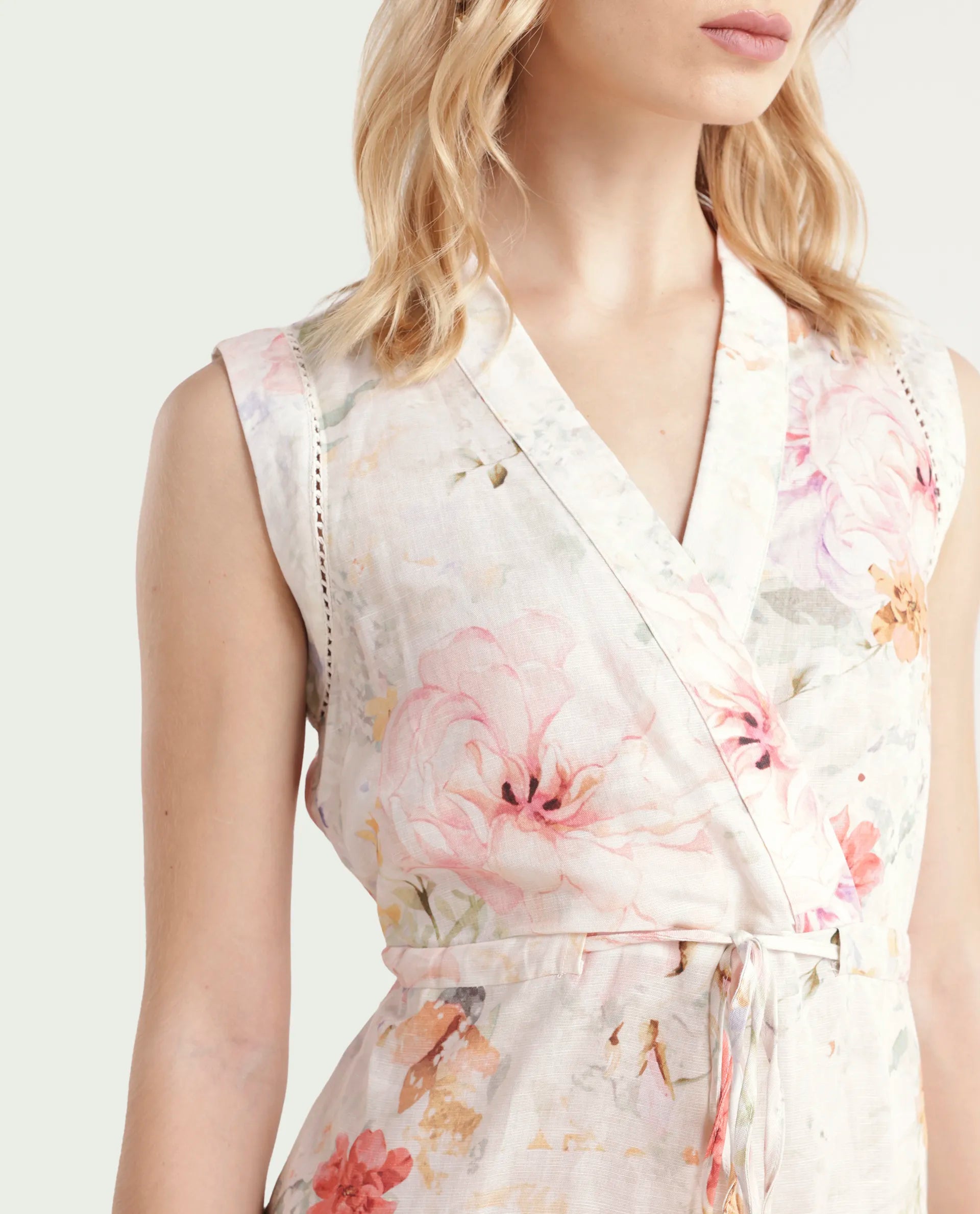 Rareism Women's Trazo Multi Cotton Blend Overlap Neck Floral Print Sleeveless Mini Fit And Flare Dress