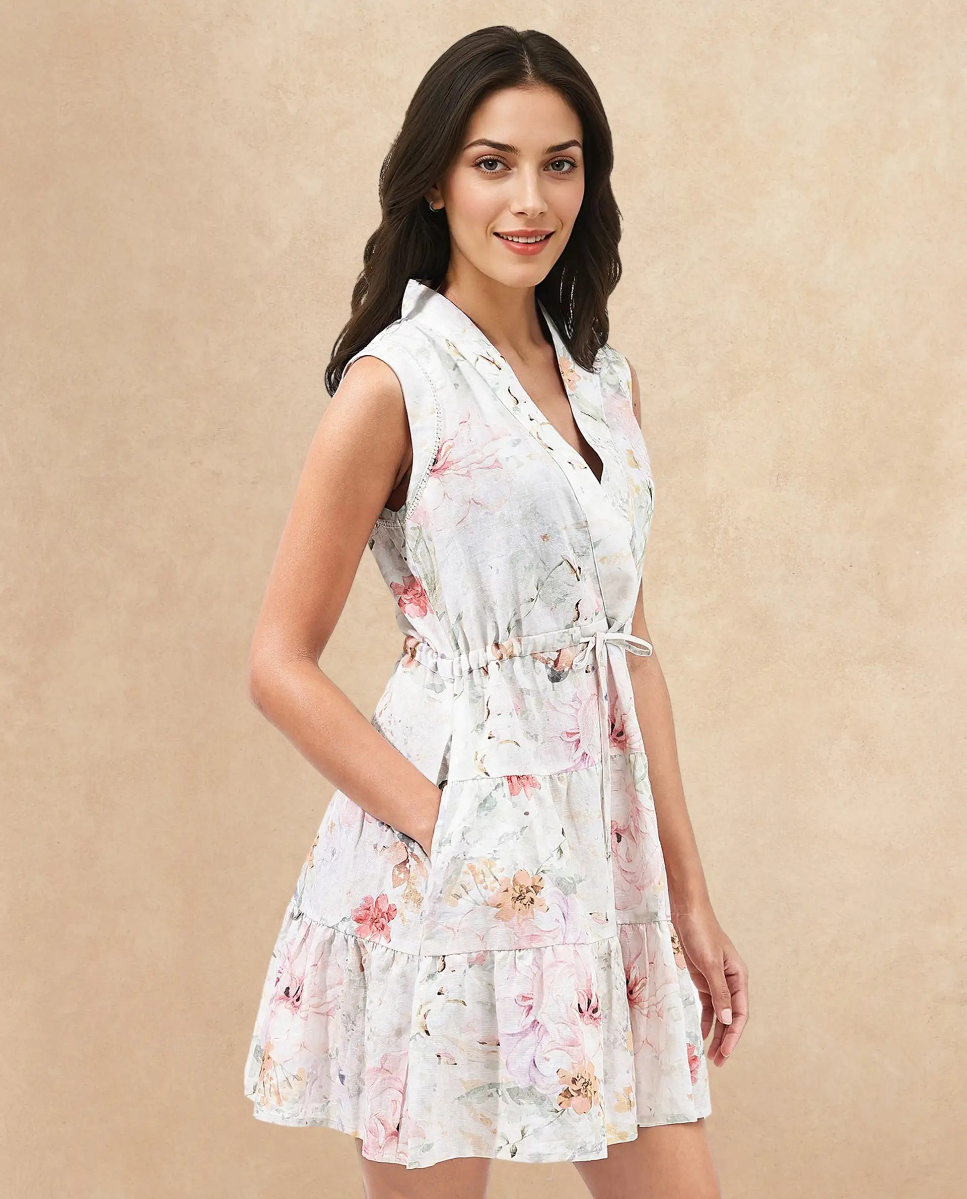 Rareism Women Trazo Multi Sleeveless Over Lap Neck Tie Up Fit And Flare Floral Print Mini Dress