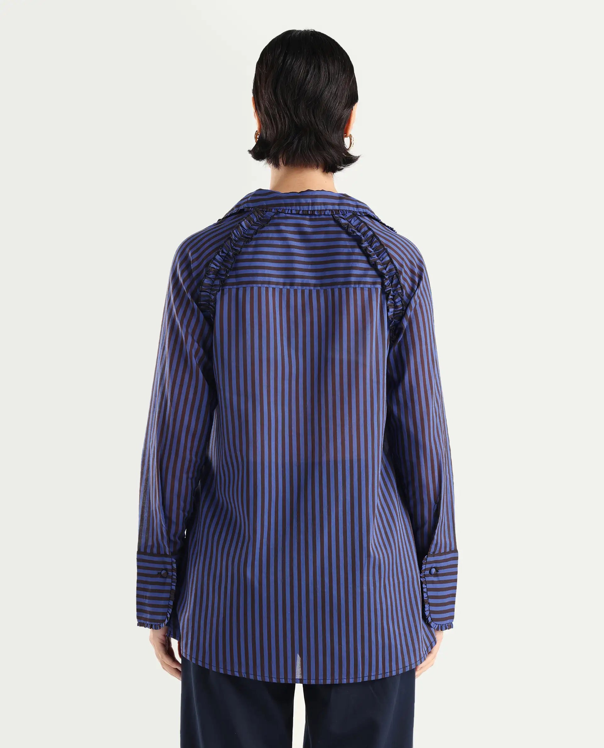 Rareism Women's Treasure Blue Cotton Spread Collar Striped Relaxed Fit Shirt