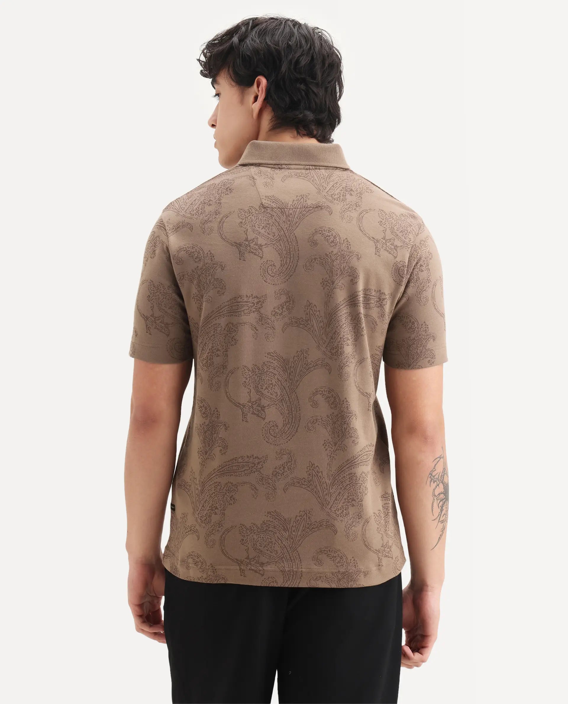 Rare Rabbit Men's Tred Dusky Brown Cotton Fabric Half Sleeve Spread Collar Paisley Polo