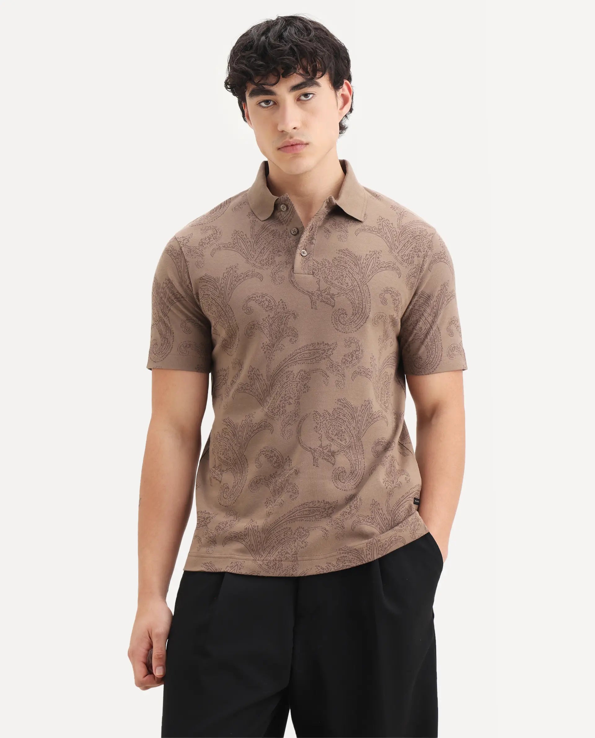 Rare Rabbit Men's Tred Dusky Brown Cotton Fabric Half Sleeve Spread Collar Paisley Polo