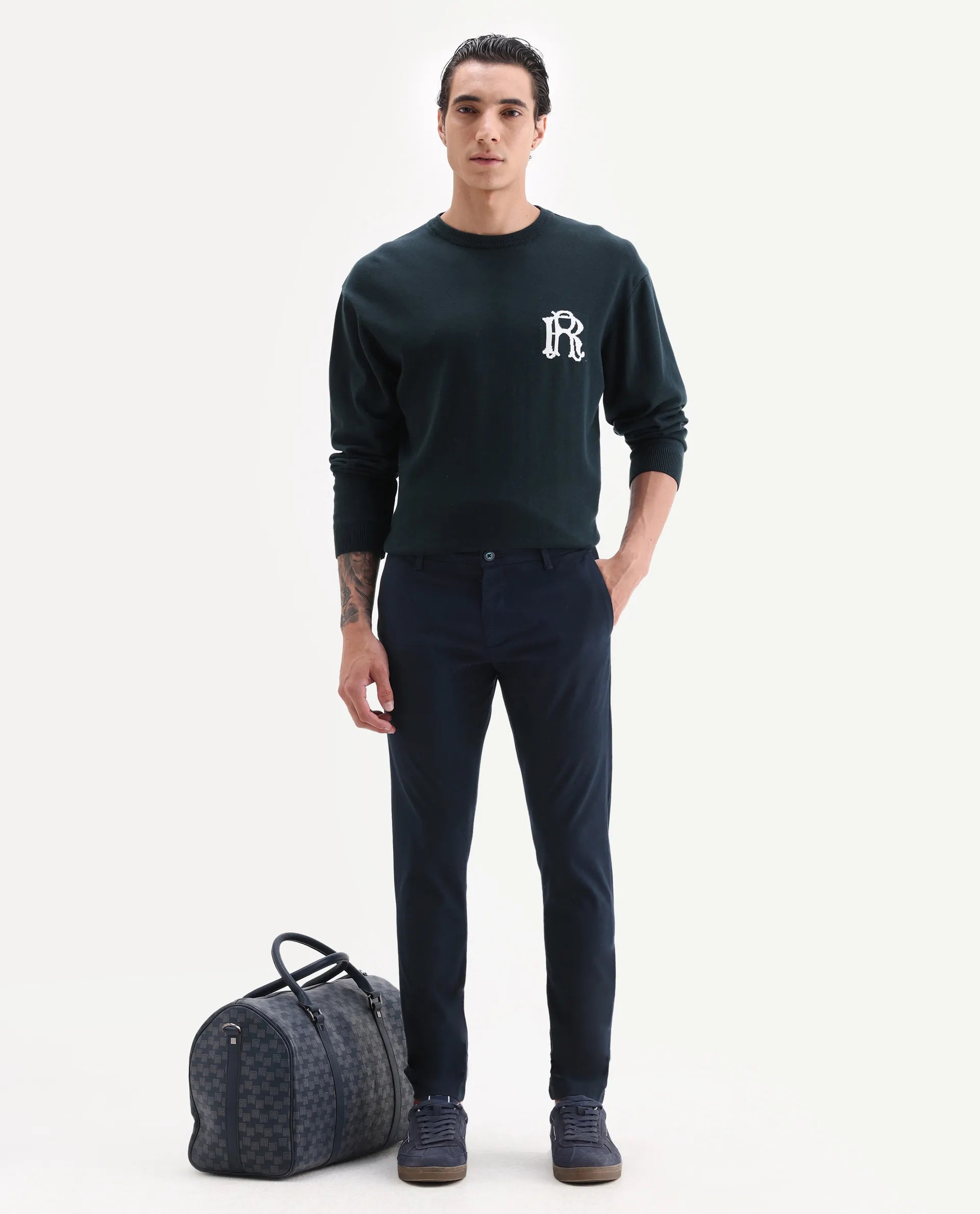 Rare Rabbit Men's Trellis Navy Cotton Plain Regular Fit Trouser