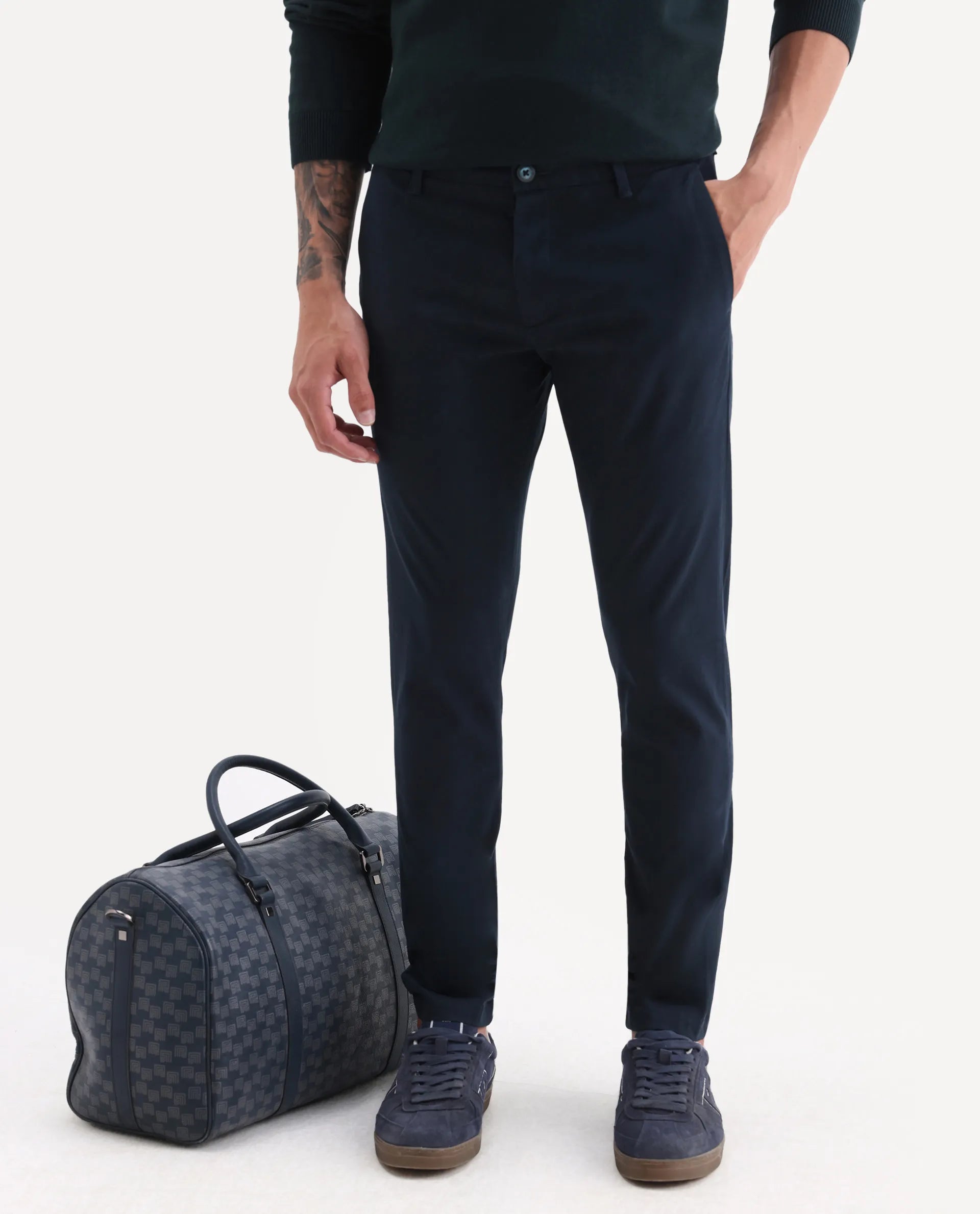 Rare Rabbit Men's Trellis Navy Cotton Plain Regular Fit Trouser