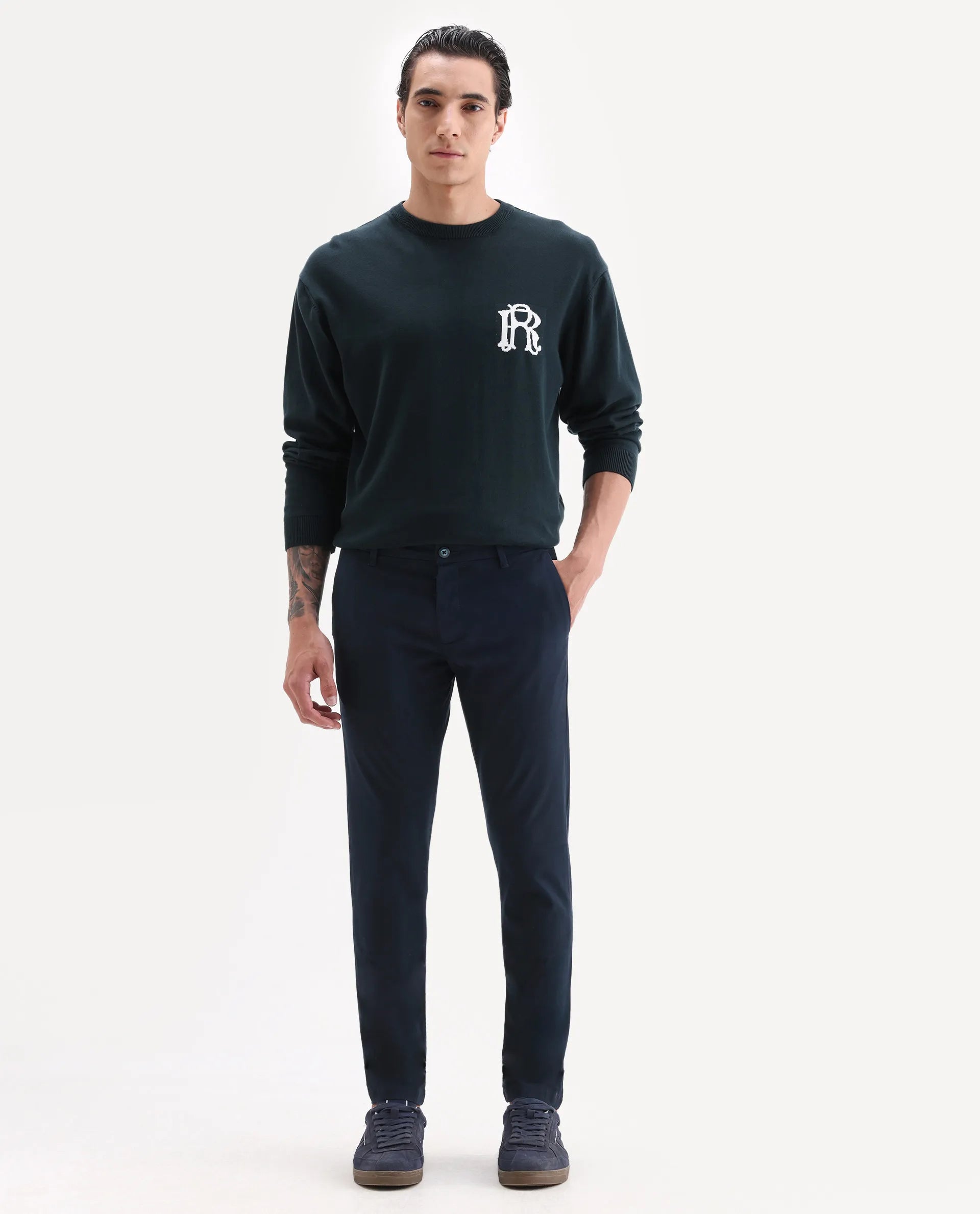 Rare Rabbit Men's Trellis Navy Cotton Plain Regular Fit Trouser