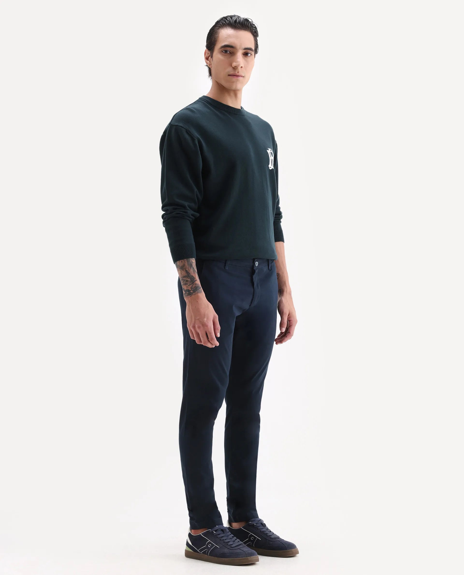 Rare Rabbit Men's Trellis Navy Cotton Plain Regular Fit Trouser