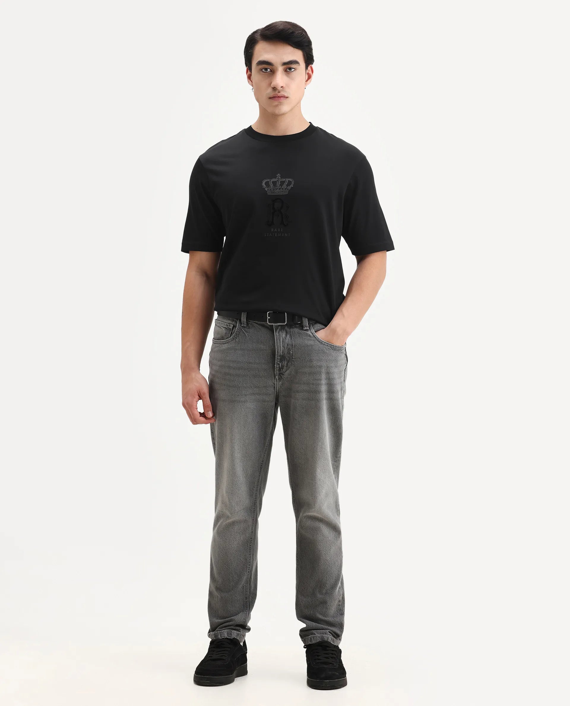 Rare Rabbit Men's Trell Black Cotton Graphic Print Barcelone Fit Half Sleeve Crew Neck T-Shirt