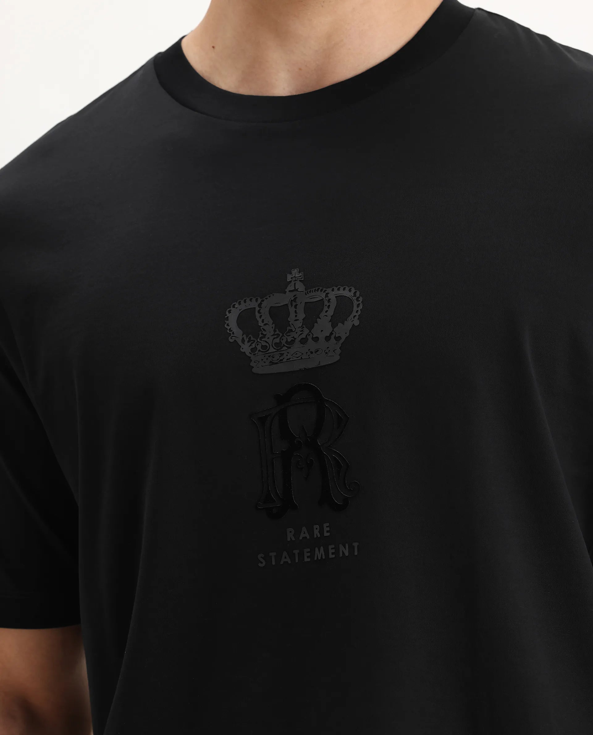 Rare Rabbit Men's Trell Black Cotton Graphic Print Barcelone Fit Half Sleeve Crew Neck T-Shirt