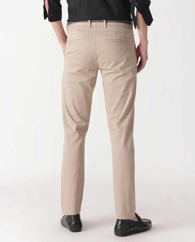 Rare Rabbit Men's Trellis Beige Solid Mid-Rise Regular Fit Stretch Trouser
