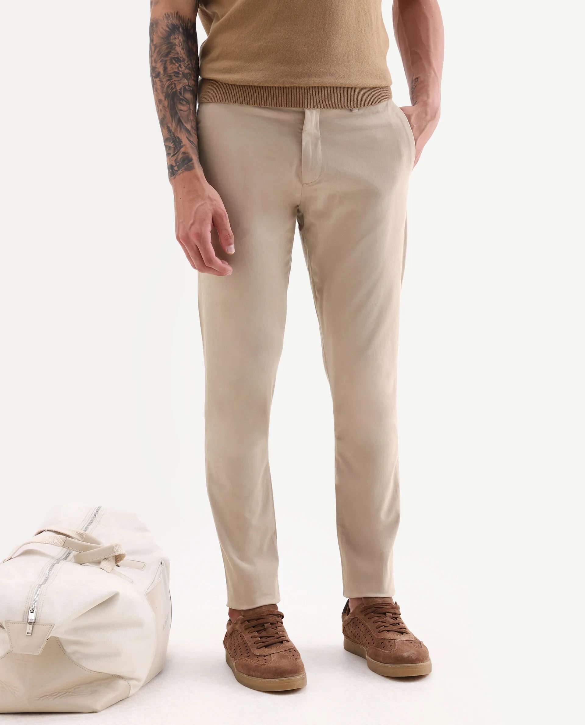 Rare Rabbit Men's Trellis Beige Cotton Plain Regular Fit Trouser