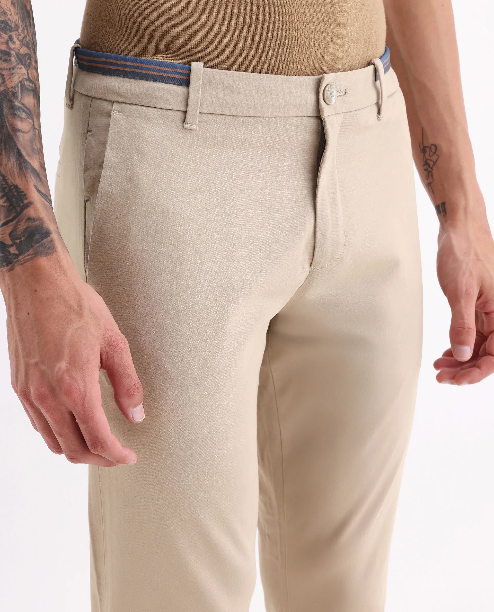 Rare Rabbit Men's Trellis Beige Cotton Plain Regular Fit Trouser