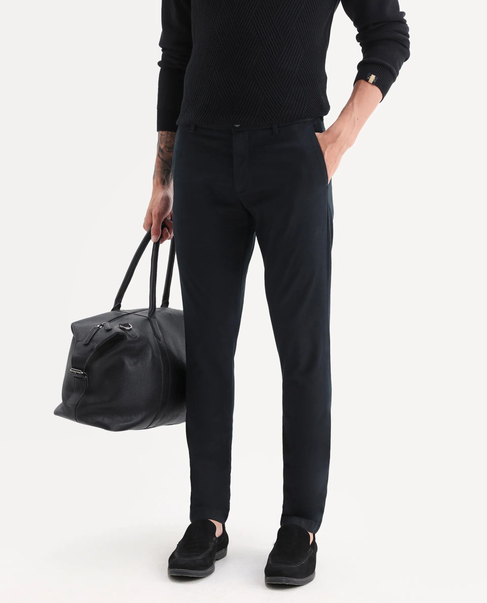 Rare Rabbit Men's Trellis Black Cotton Plain Regular Fit Trouser