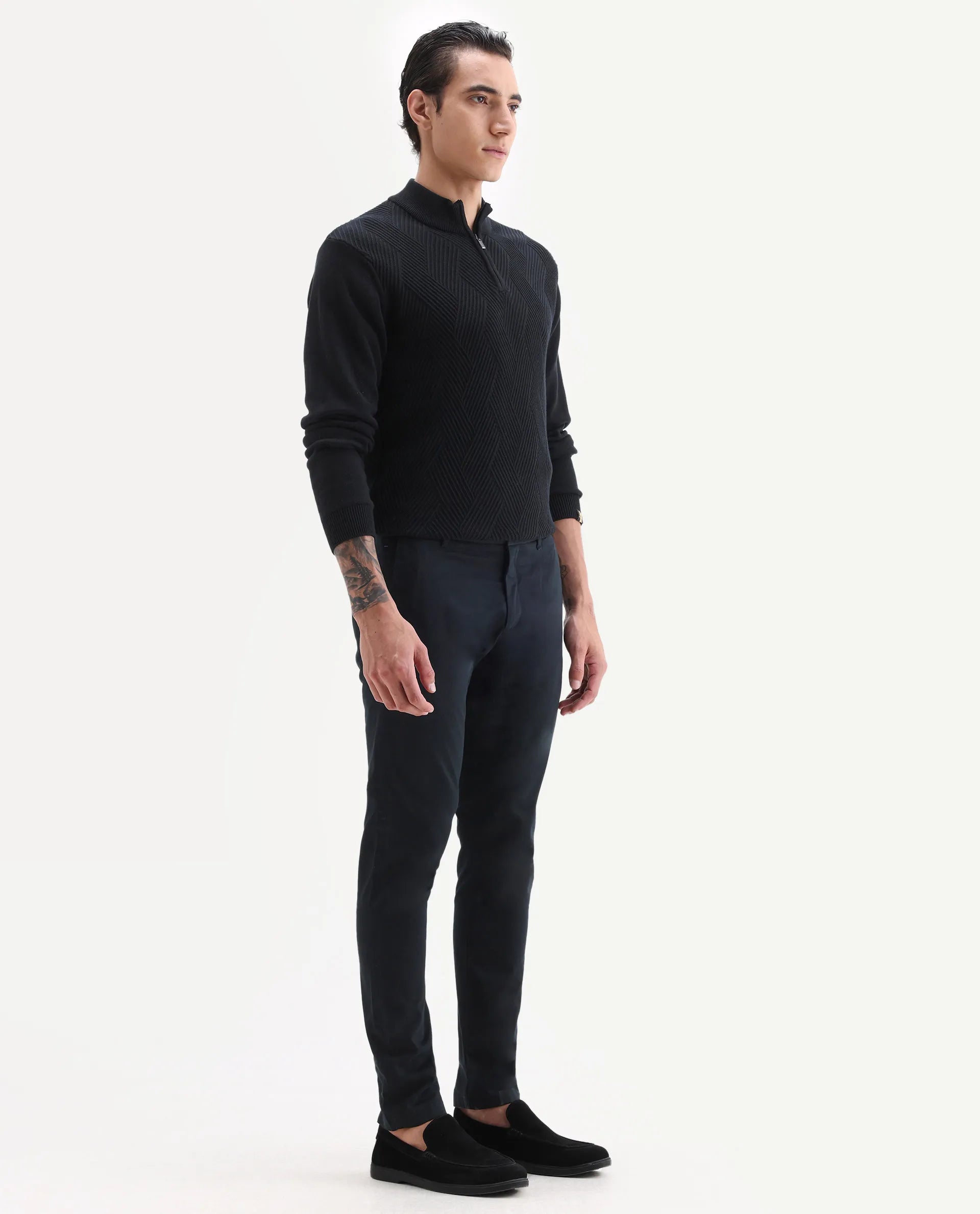 Rare Rabbit Men's Trellis Black Cotton Plain Regular Fit Trouser