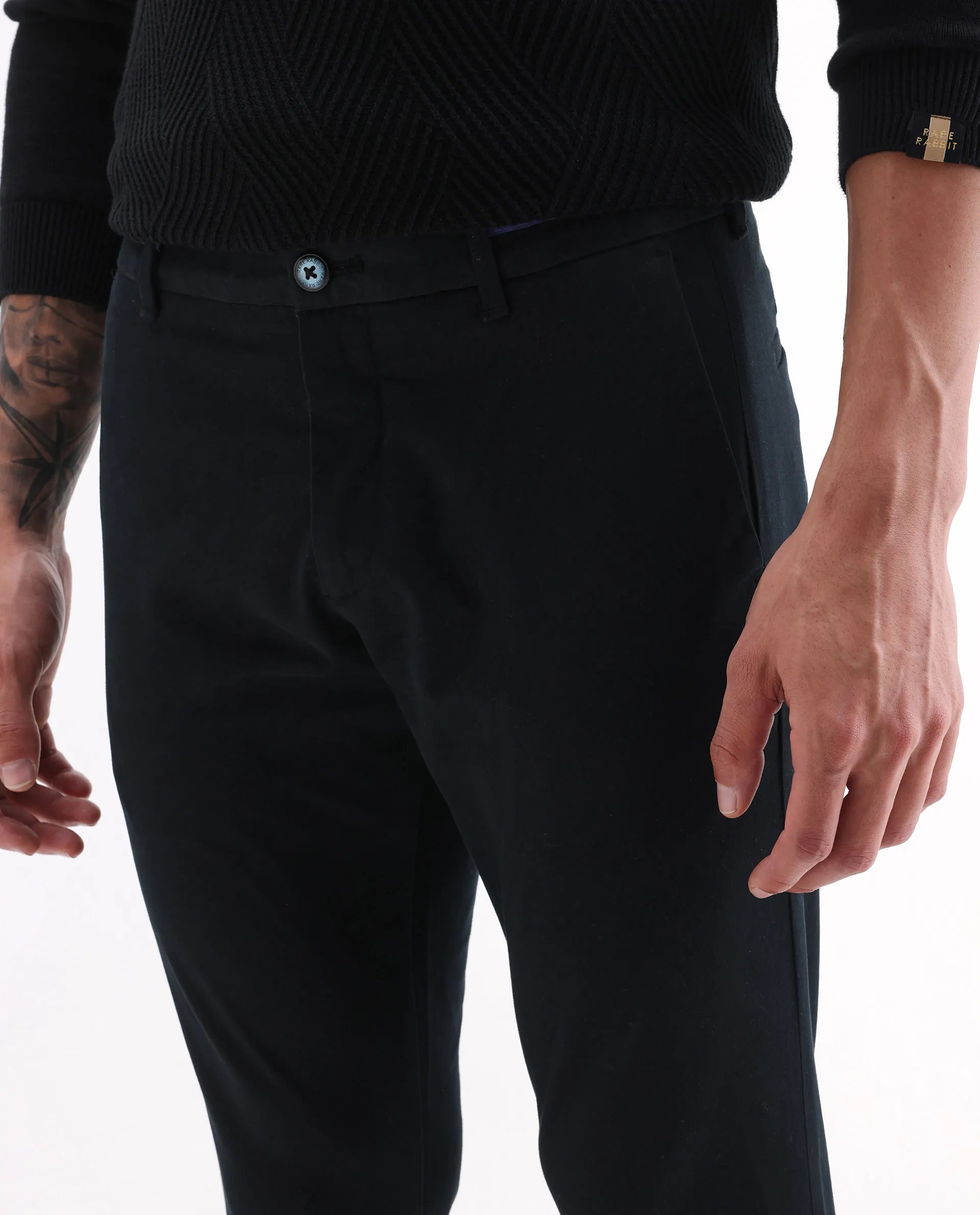 Rare Rabbit Men's Trellis Black Cotton Plain Regular Fit Trouser