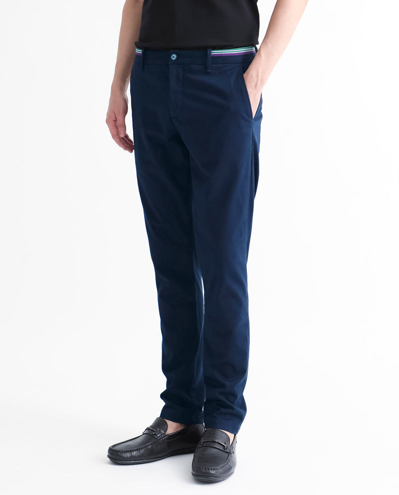 Rare Rabbit Men's Trellis Navy Solid Mid-Rise Regular Fit Stretch Trouser
