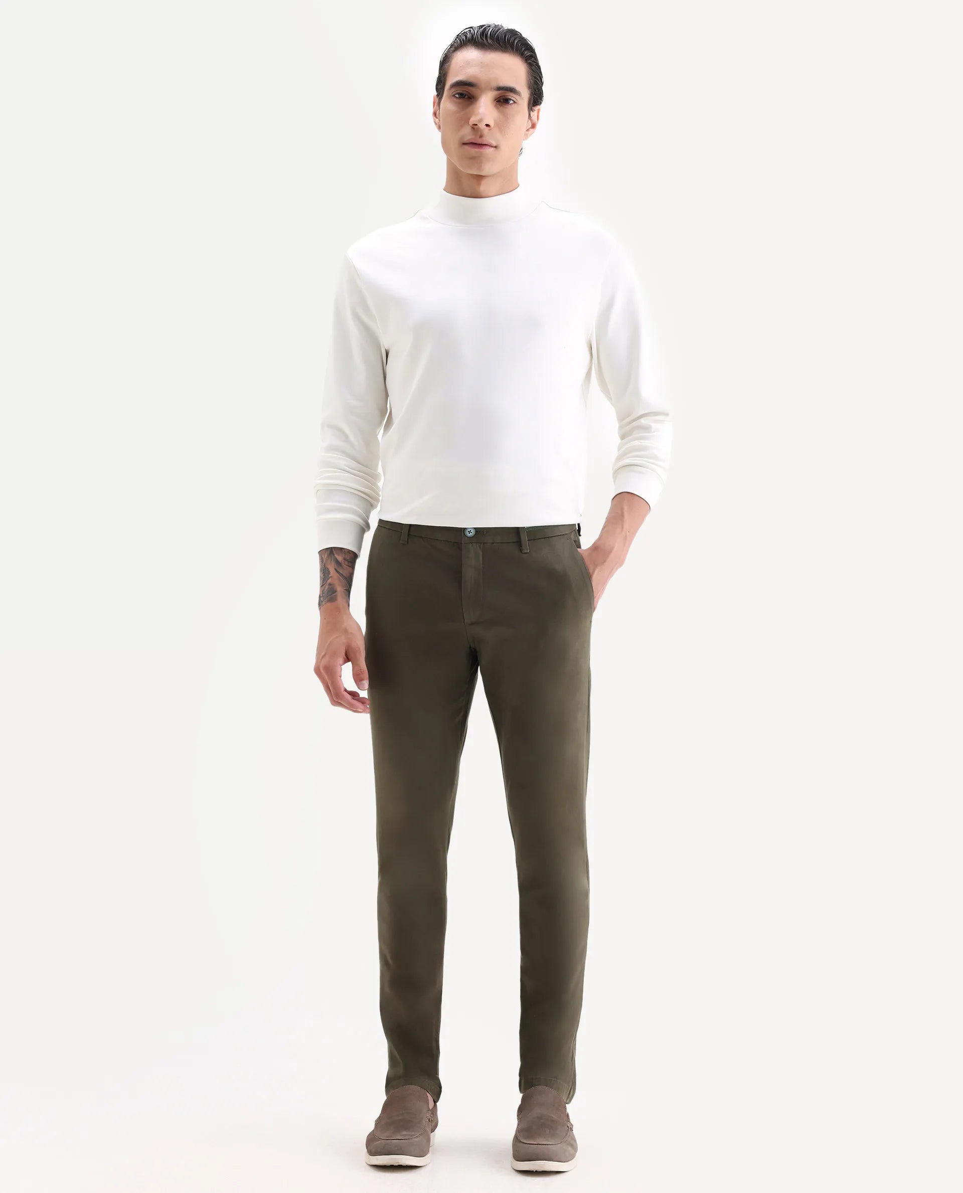 Rare Rabbit Men's Trellis Olive Cotton Plain Regular Fit Trouser