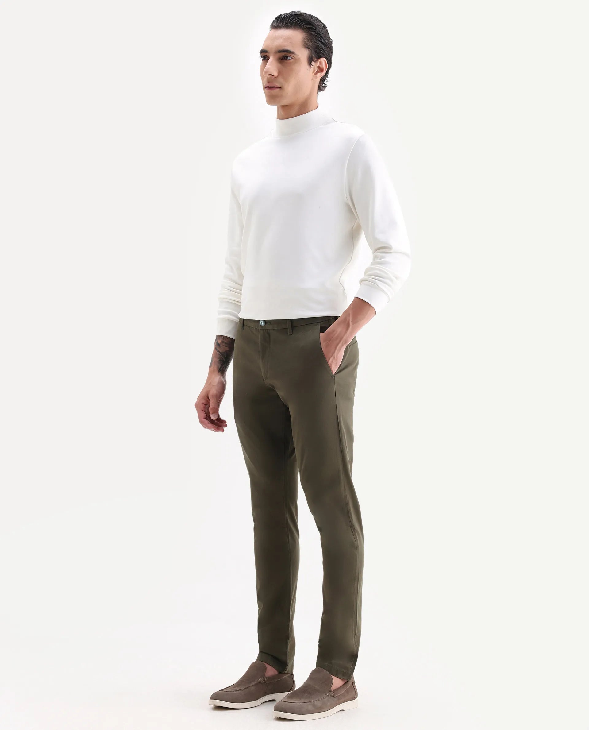 Rare Rabbit Men's Trellis Olive Cotton Plain Regular Fit Trouser