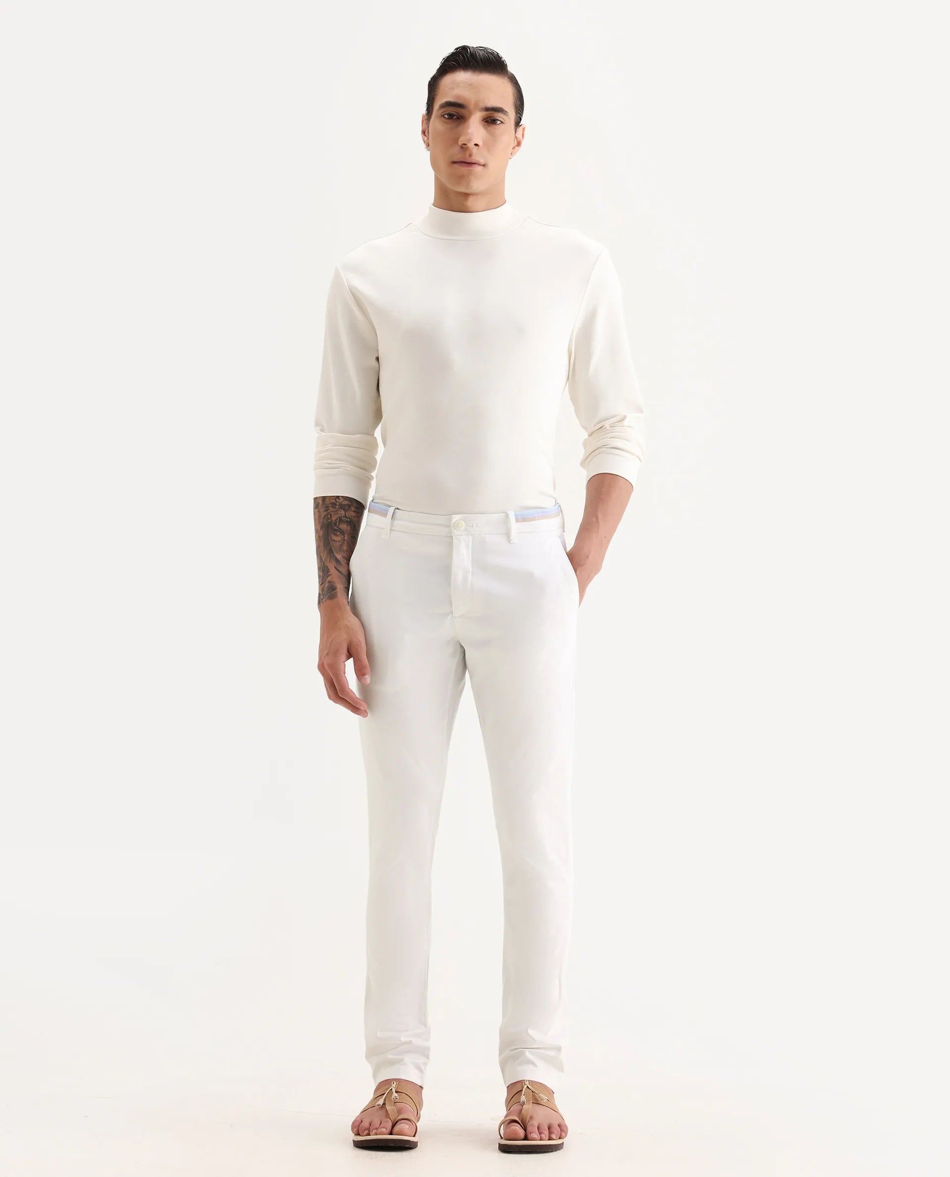 Rare Rabbit Men's Trellis White Cotton Plain Regular Fit Trouser