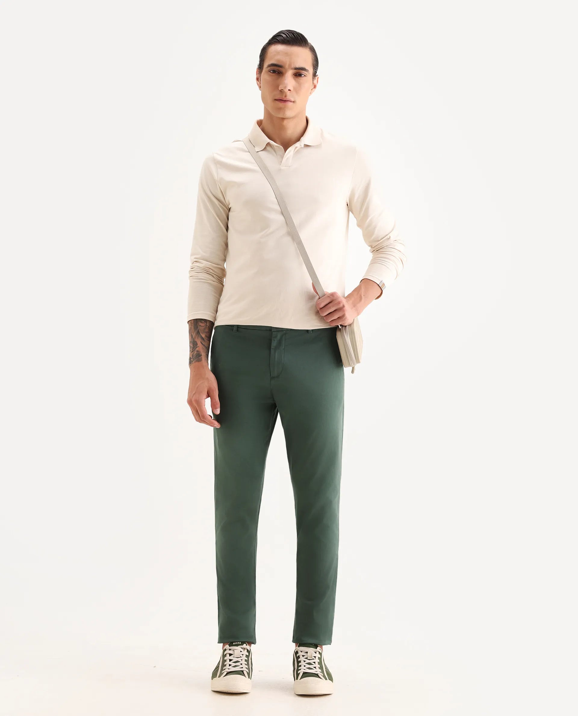 Rare Rabbit Men's Trello Green Cotton Blend Plain Regular Fit Trouser