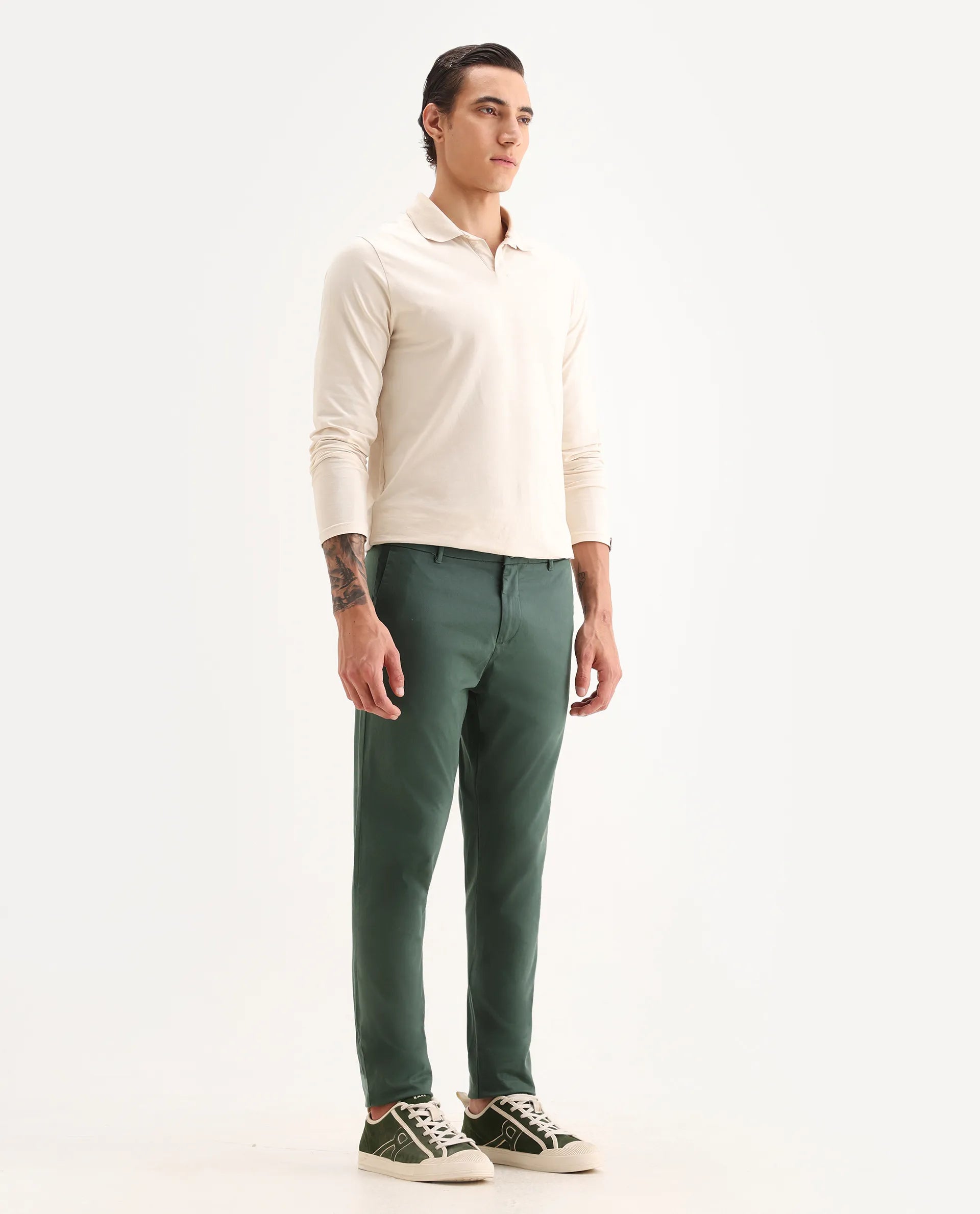 Rare Rabbit Men's Trello Green Cotton Blend Plain Regular Fit Trouser