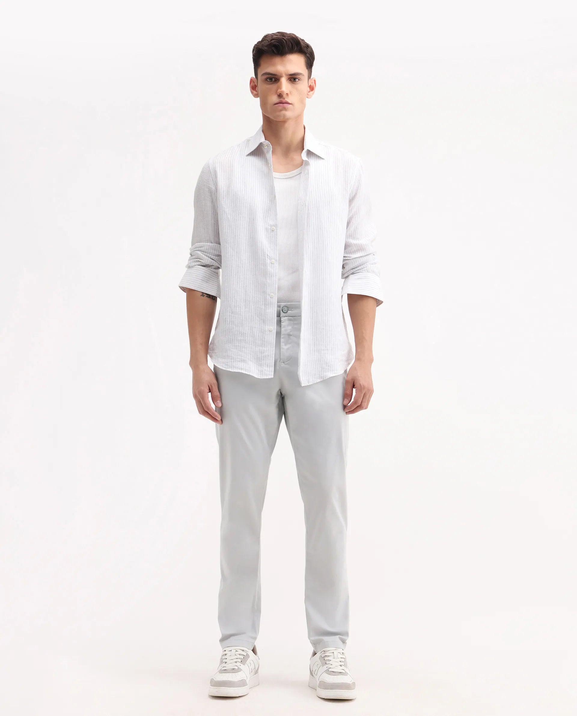 Rare Rabbit Men's Trello Light Grey Cotton Blend Plain Regular Fit Trouser